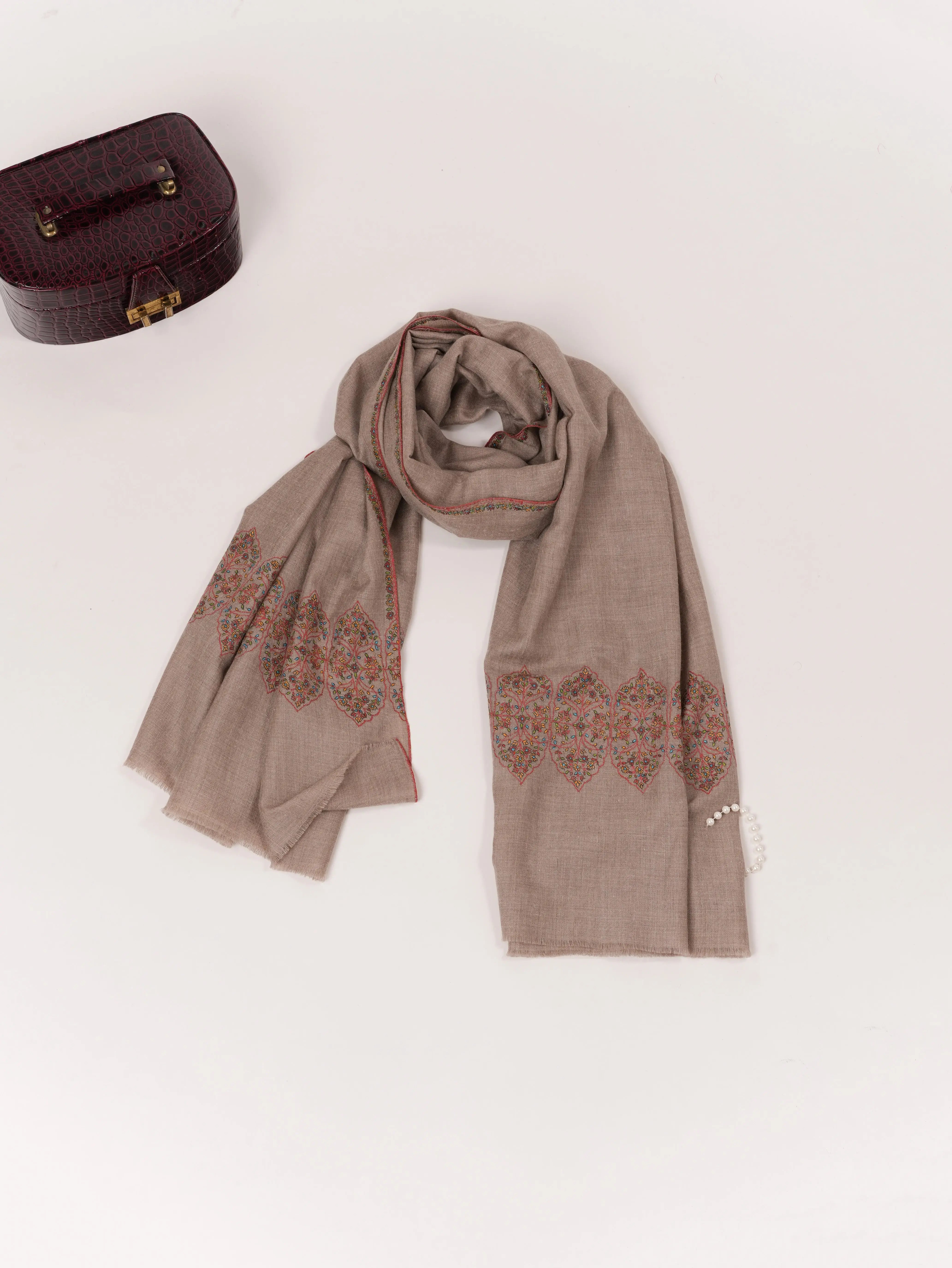 Natural Taupe Kashmiri Pashmina Shawl with Traditional Palldar Embroidery Shahkaar.com