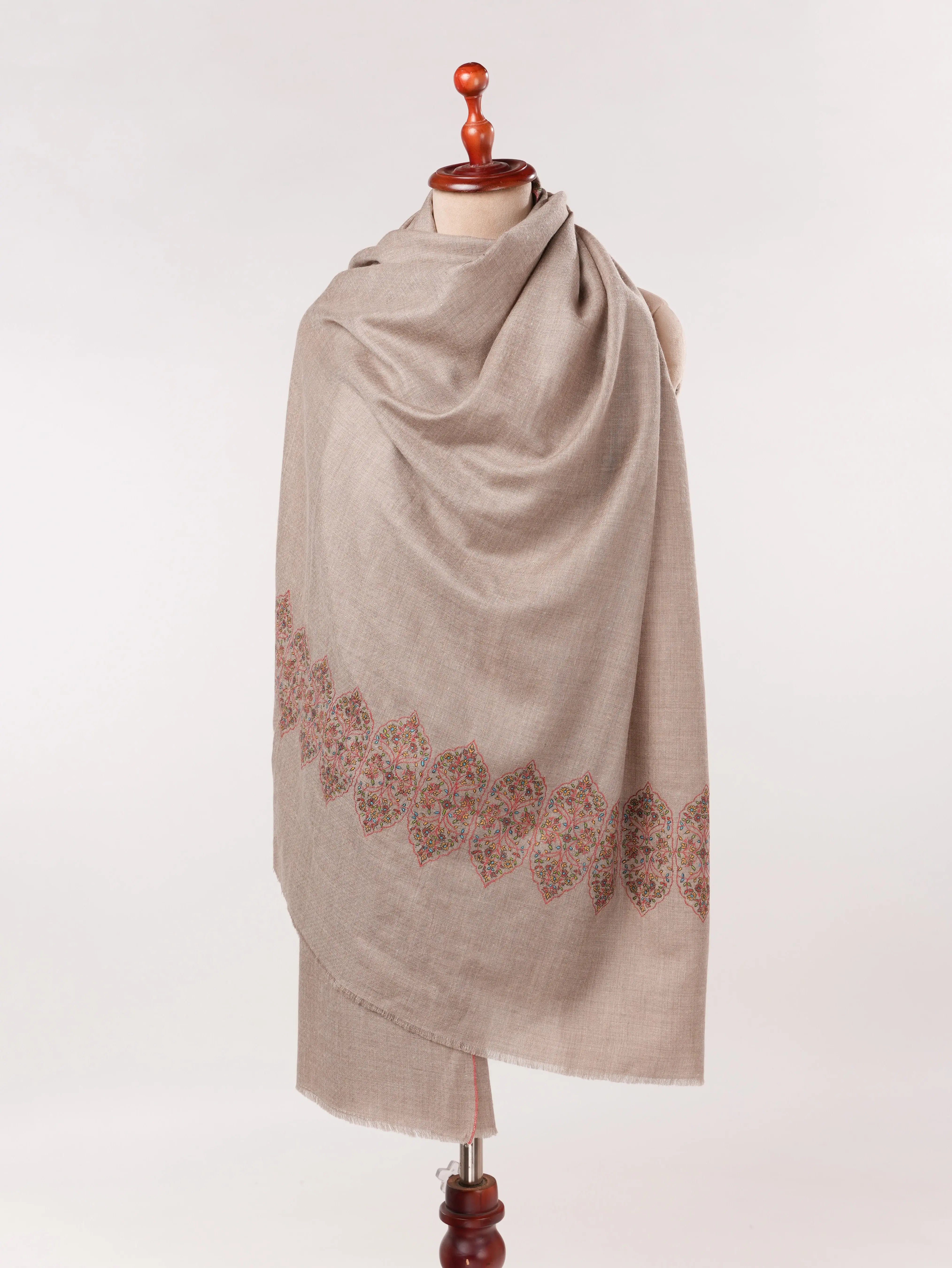 Natural Taupe Kashmiri Pashmina Shawl with Traditional Palldar Embroidery Shahkaar.com