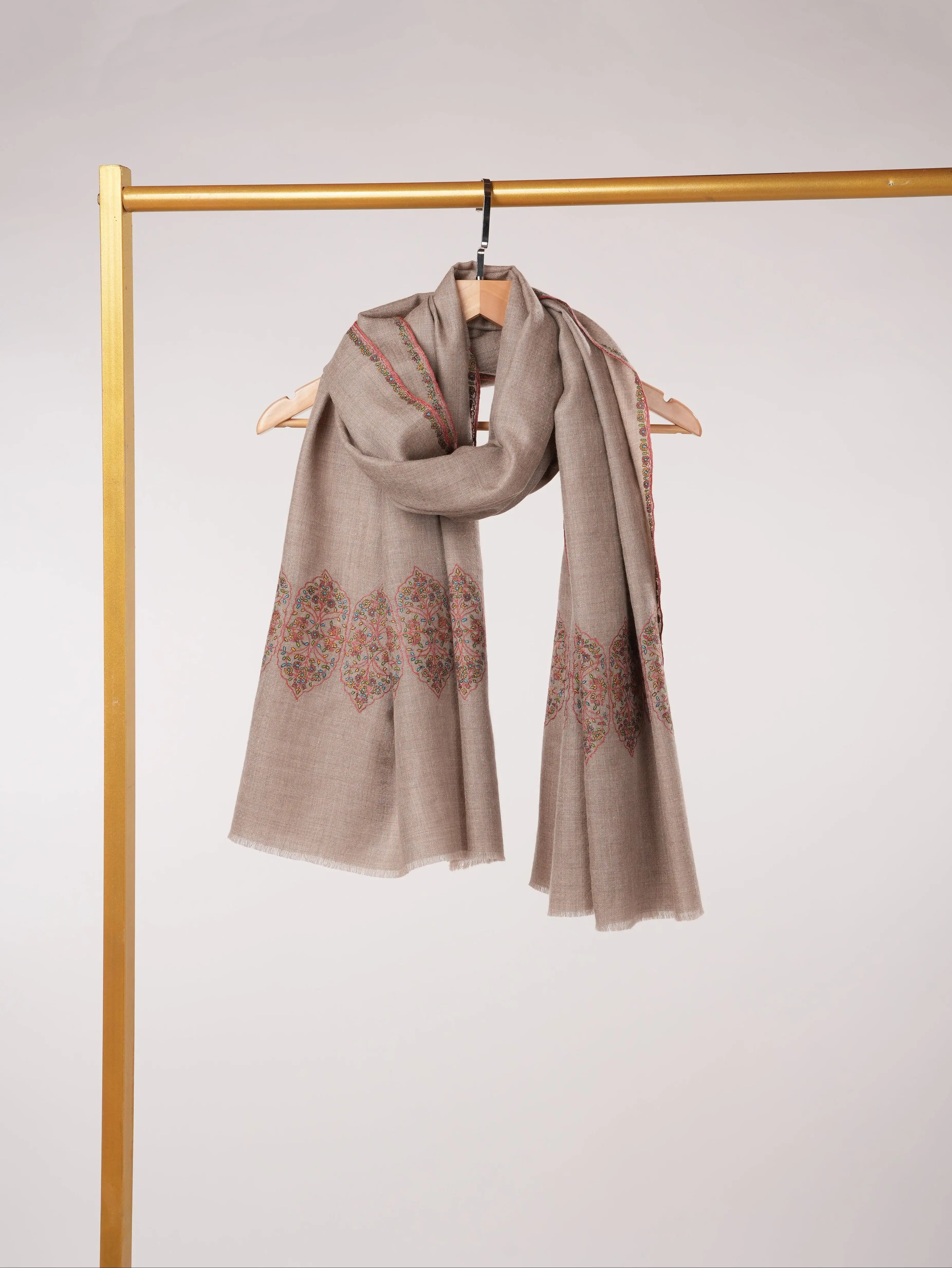 Natural Taupe Kashmiri Pashmina Shawl with Traditional Palldar Embroidery Shahkaar.com