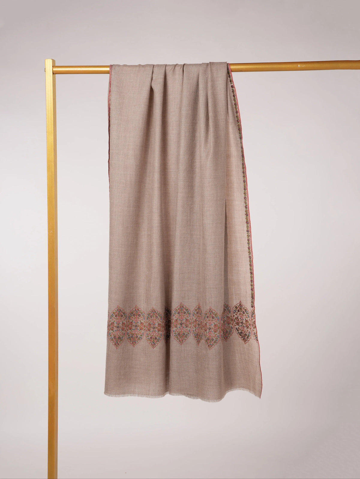 Natural Taupe Kashmiri Pashmina Shawl with Traditional Palldar Embroidery Shahkaar.com