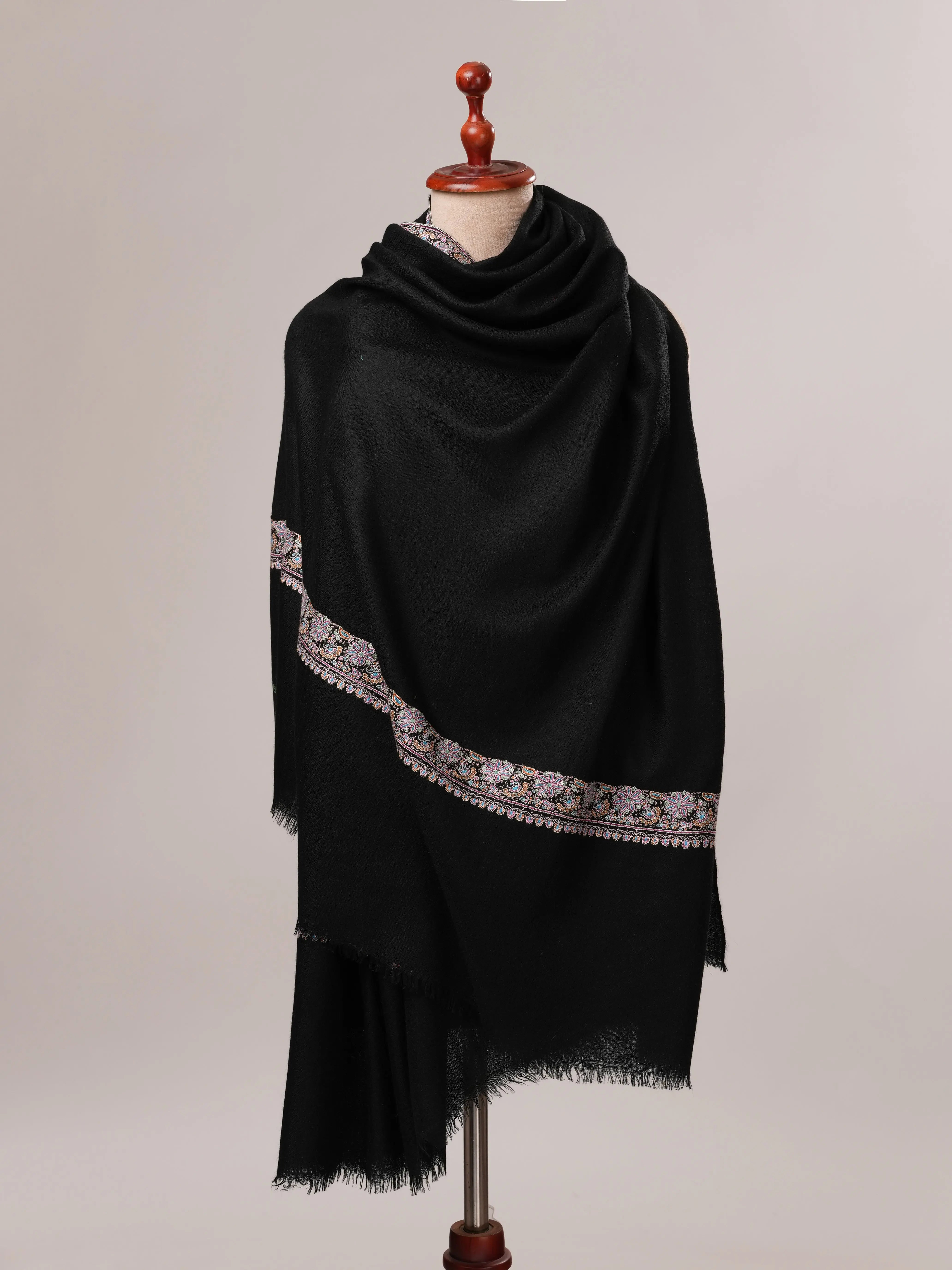 Black Sozni Neemdaur Embroidered Pure Pashmina Shawl Shahkaar.com