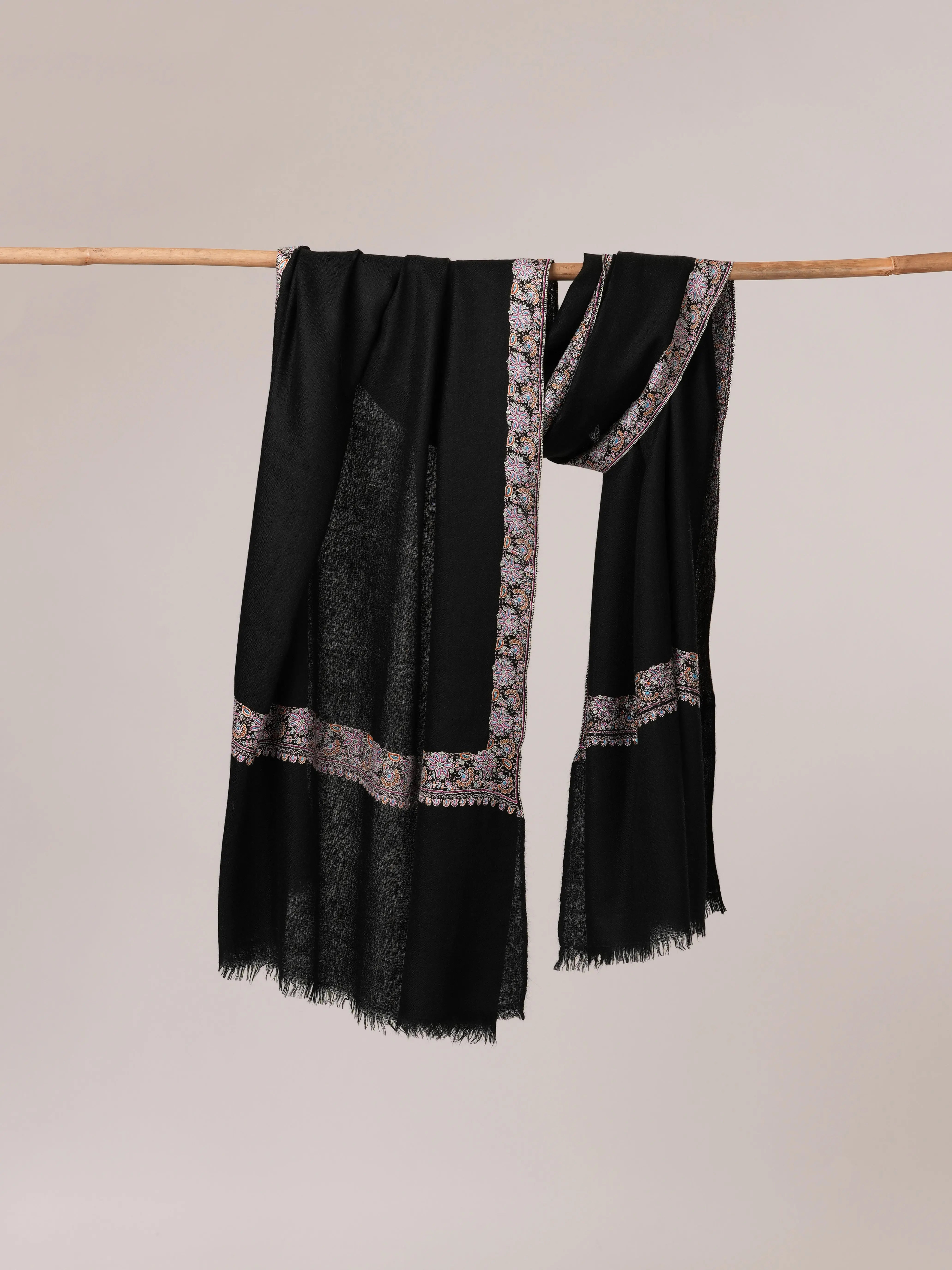 Black Sozni Neemdaur Embroidered Pure Pashmina Shawl Shahkaar.com