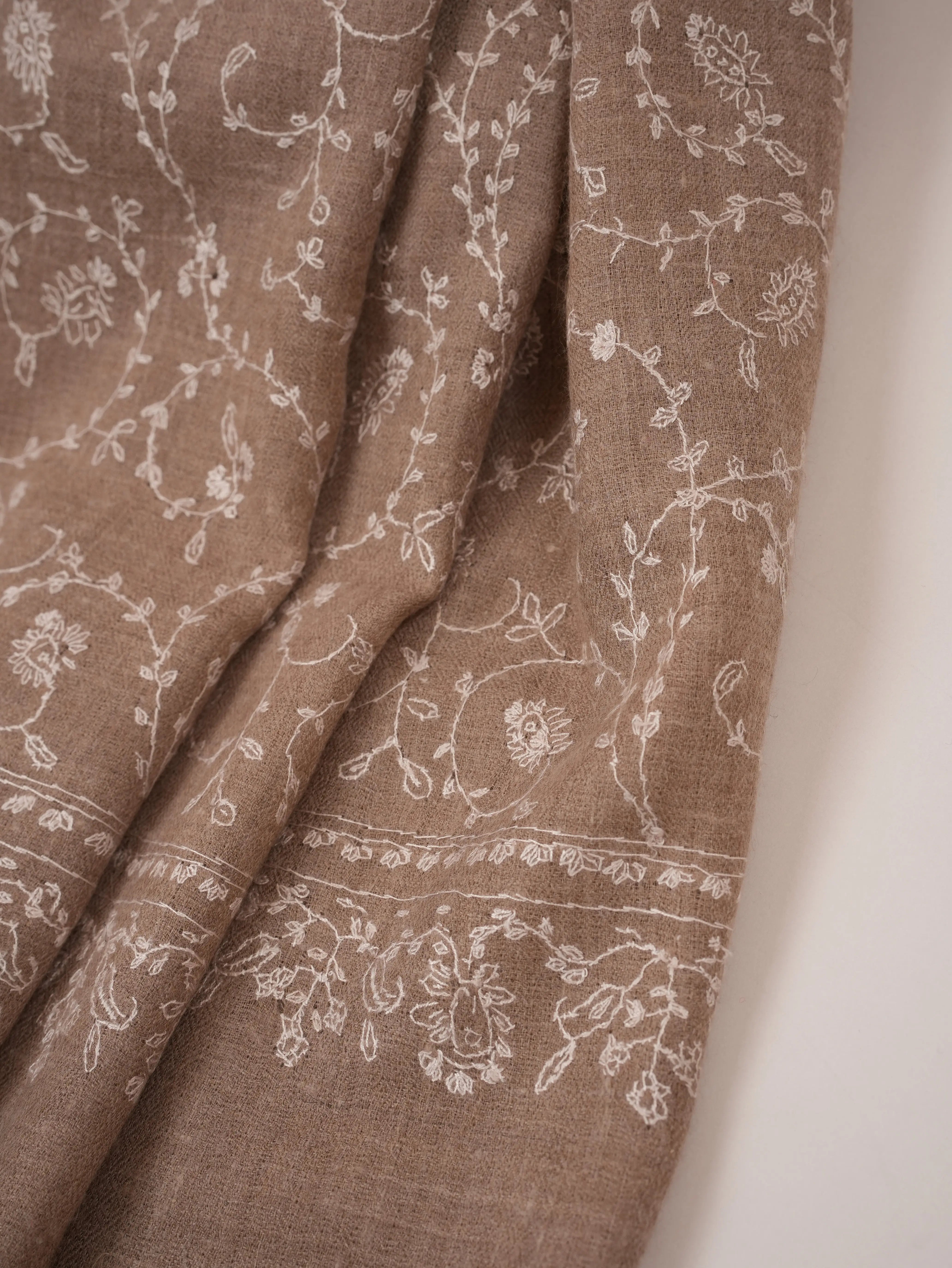 Kashmiri Handwoven Natural Taupe Cashmere Scarf with White Sozni Embroidery Shahkaar.com
