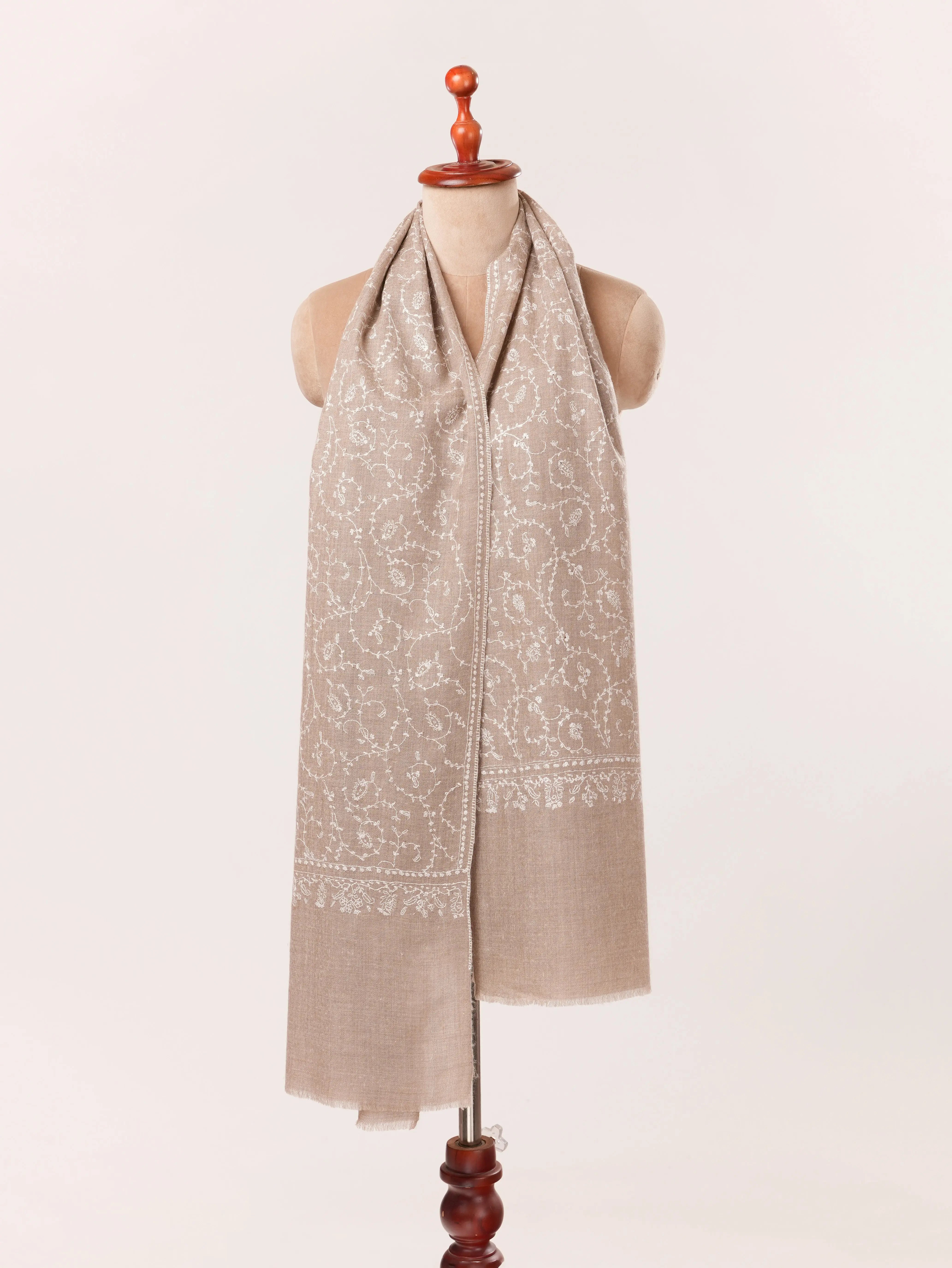 Kashmiri Handwoven Natural Taupe Cashmere Scarf with White Sozni Embroidery Shahkaar.com