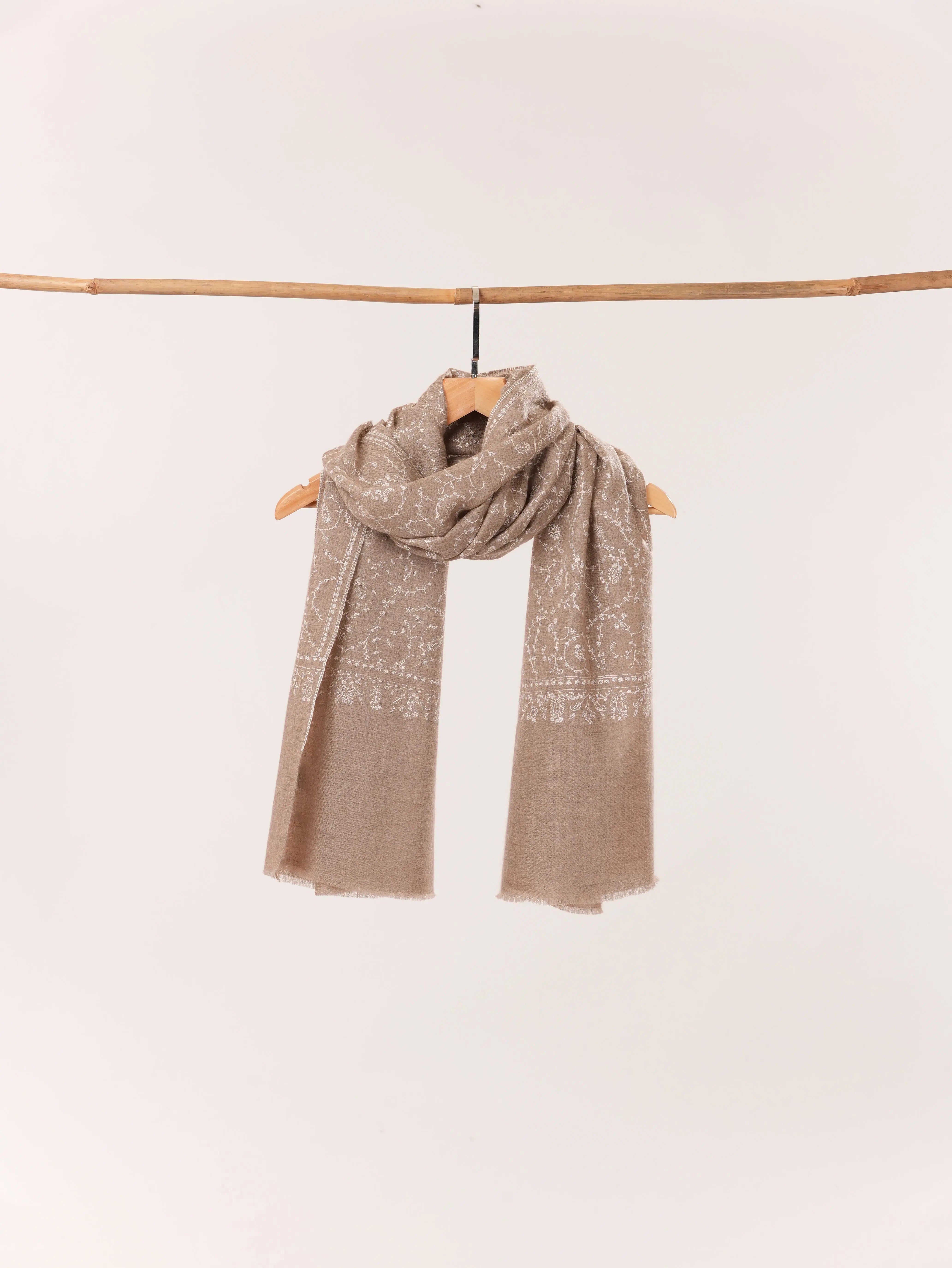 Kashmiri Handwoven Natural Taupe Cashmere Scarf with White Sozni Embroidery Shahkaar.com