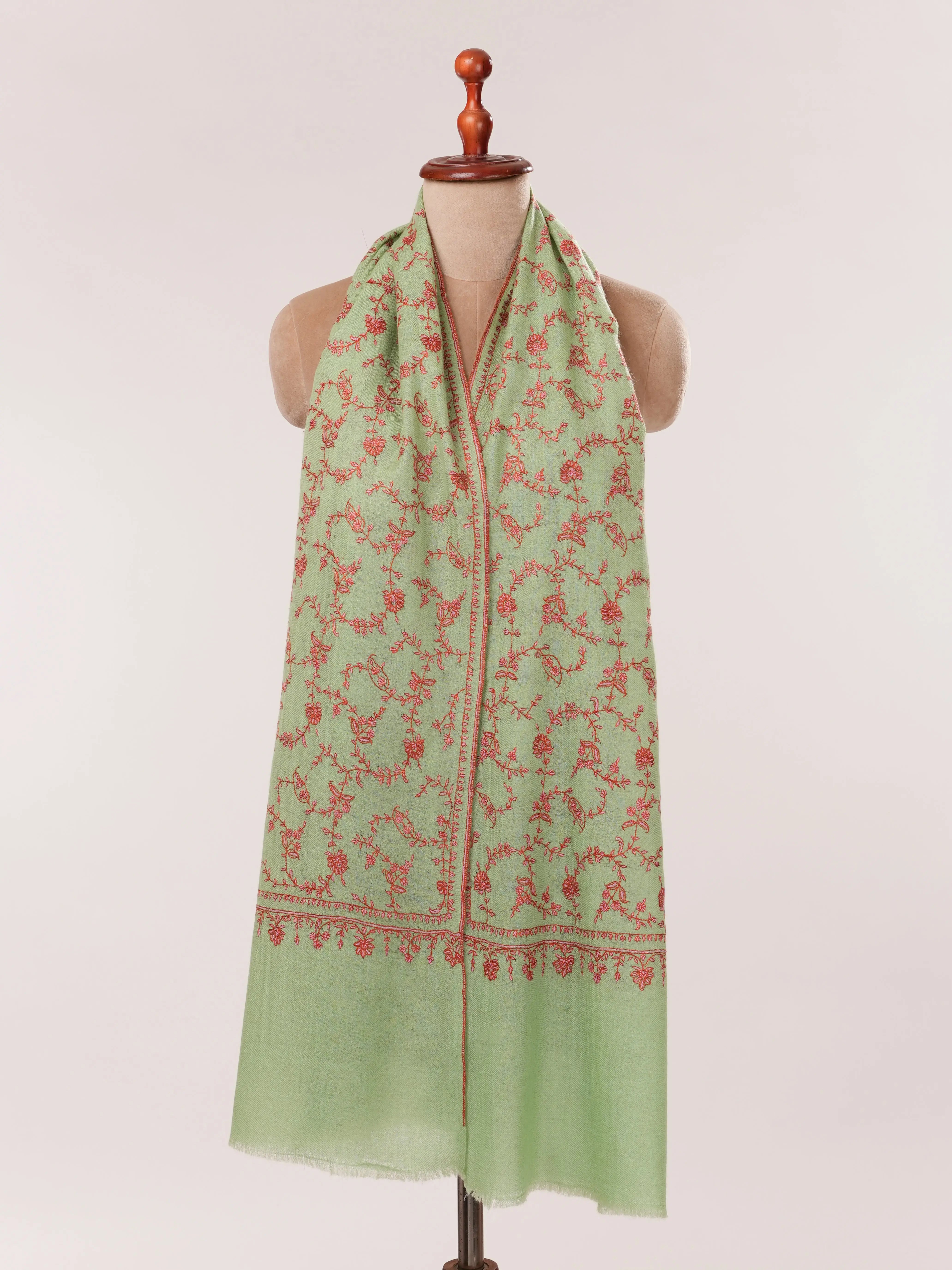 Sage Green Hand Embroidered Soft Cashmere Scarf Shahkaar.com