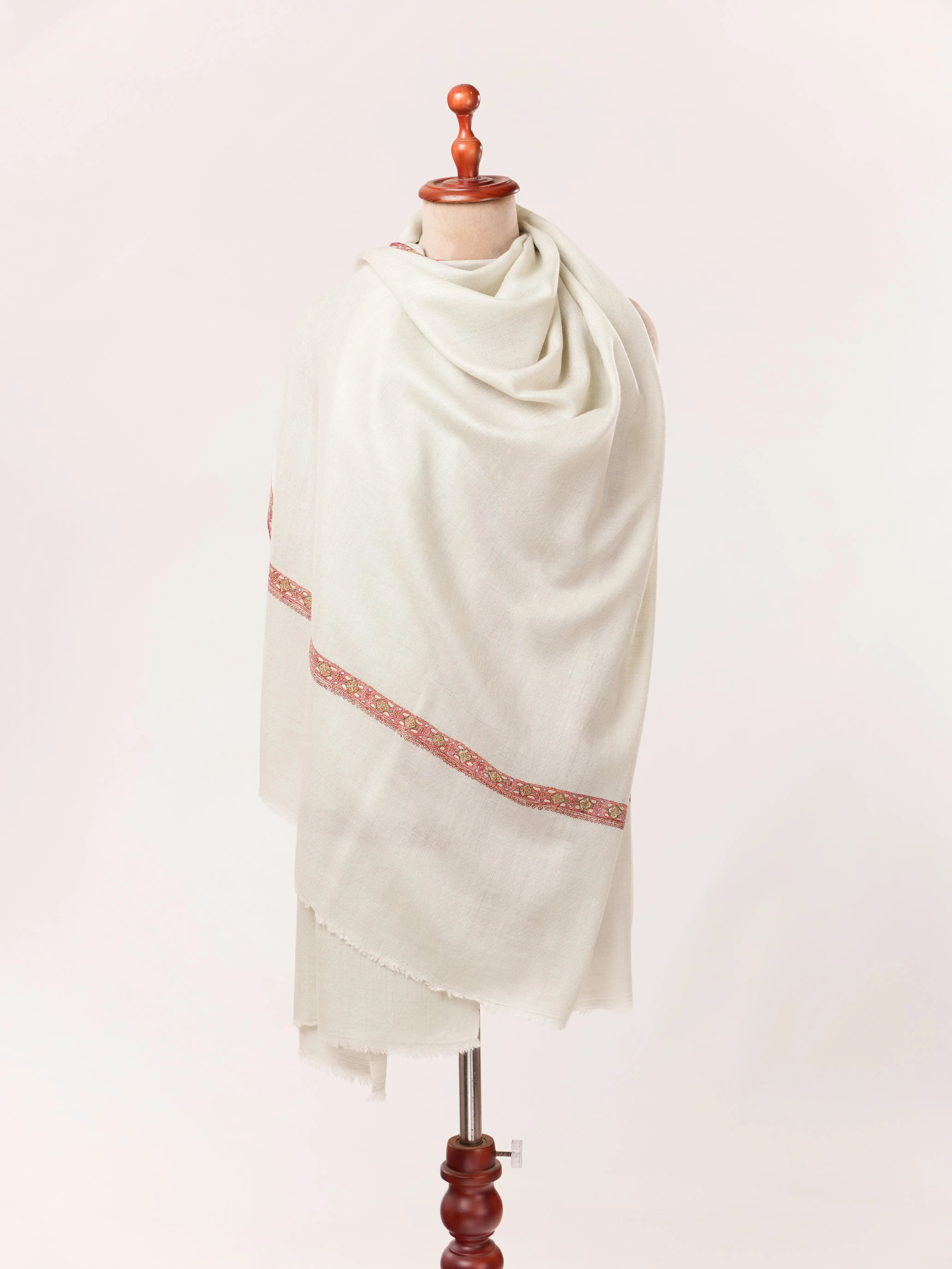 Hashia Kashmiri Handwoven White Pashmina Shawl with Sozni Work Embroidery Shahkaar.com