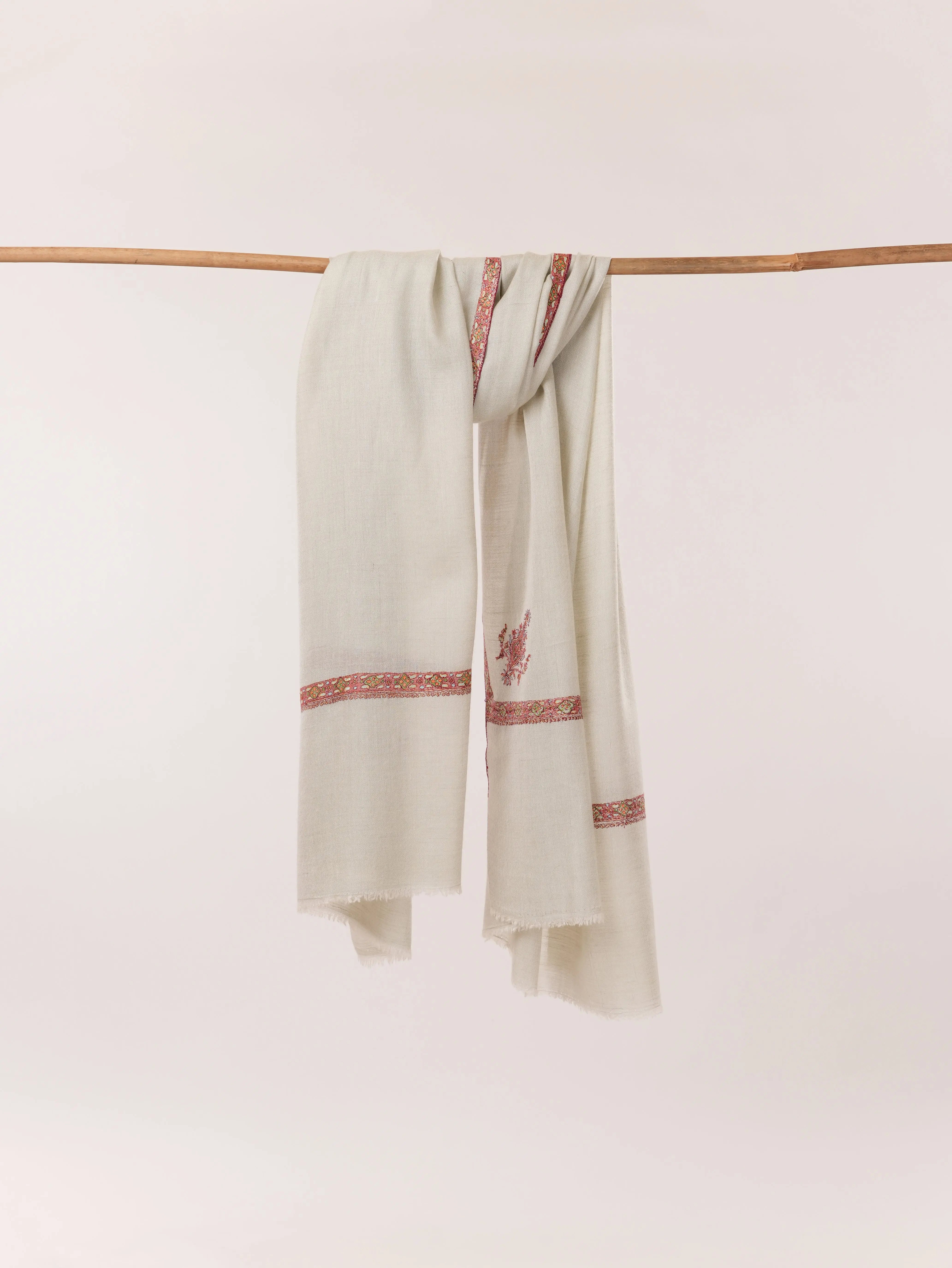 Hashia Kashmiri Handwoven White Pashmina Shawl with Sozni Work Embroidery Shahkaar.com