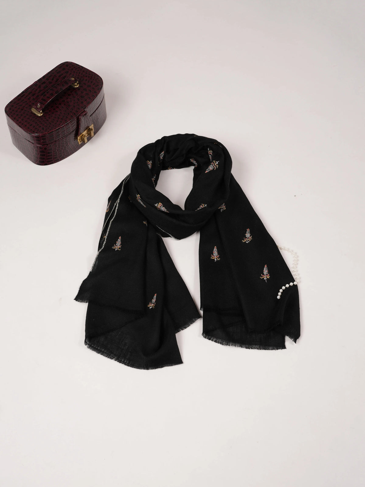Black Pashmina Shawl with Sozni Buteh Embroidery