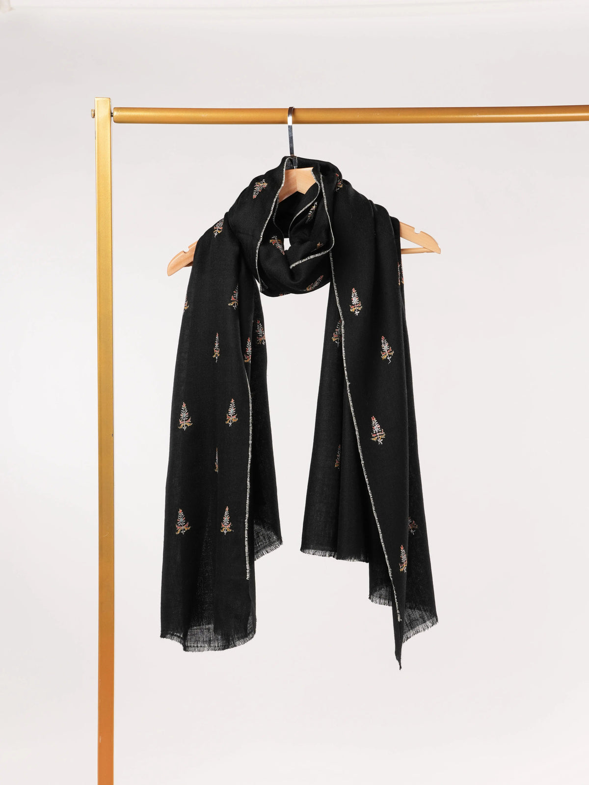 Black Pashmina Shawl with Sozni Buteh Embroidery