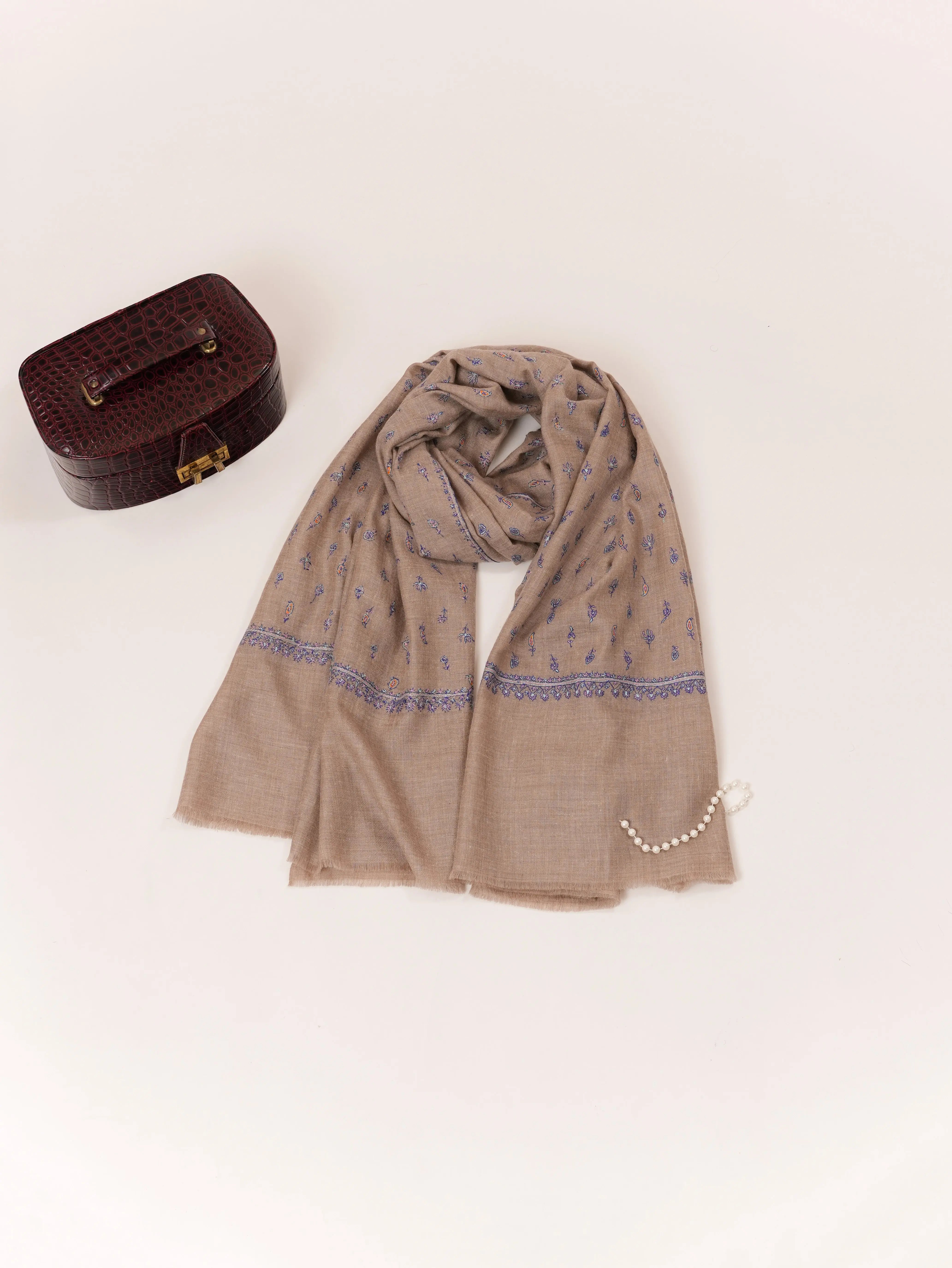 Natural Taupe Handwoven Pashmina Shawl with Kashmiri Hand Sozni Buteh Embroidery Shahkaar.com