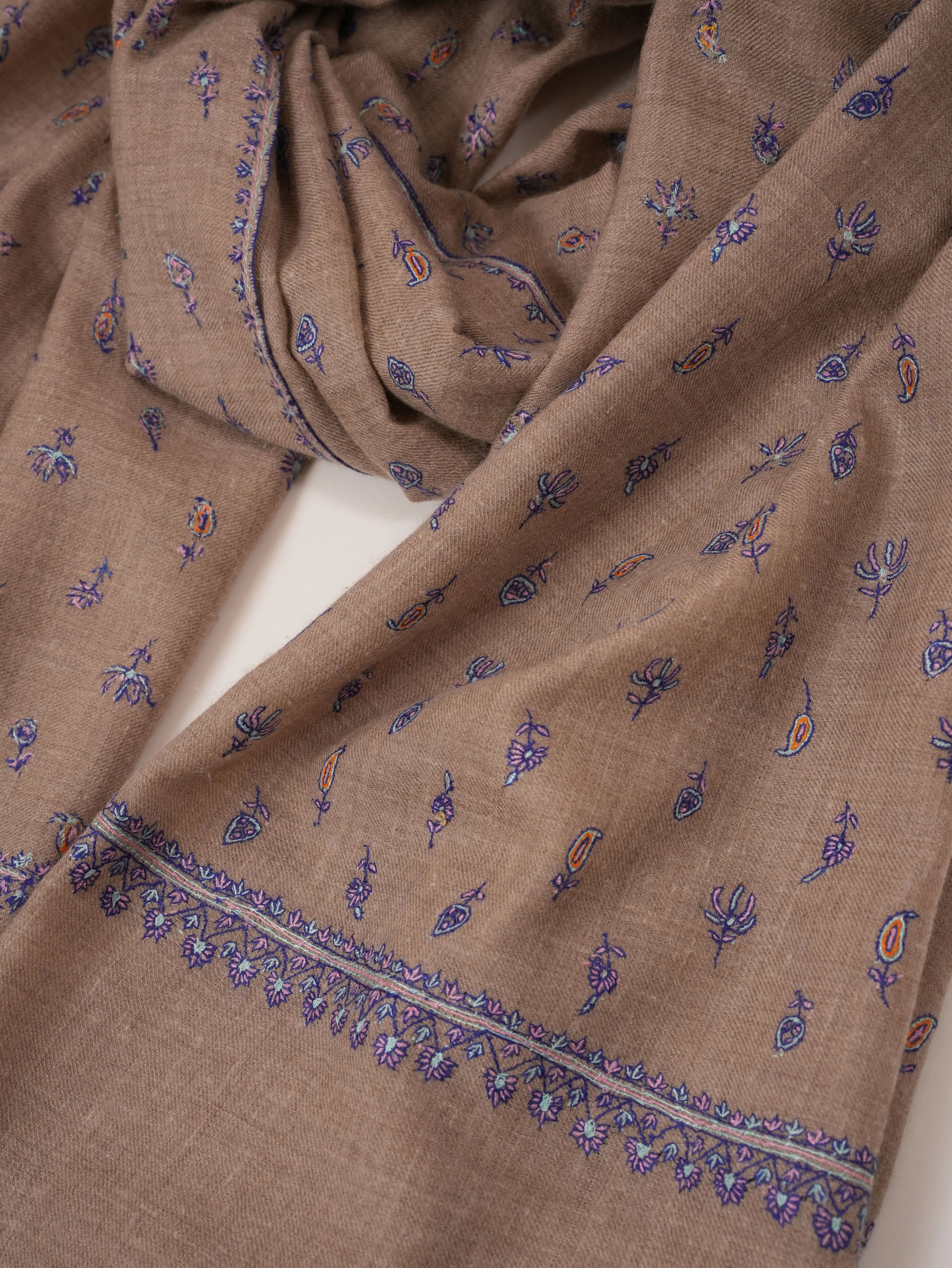 Natural Taupe Handwoven Pashmina Shawl with Kashmiri Hand Sozni Buteh Embroidery Shahkaar.com