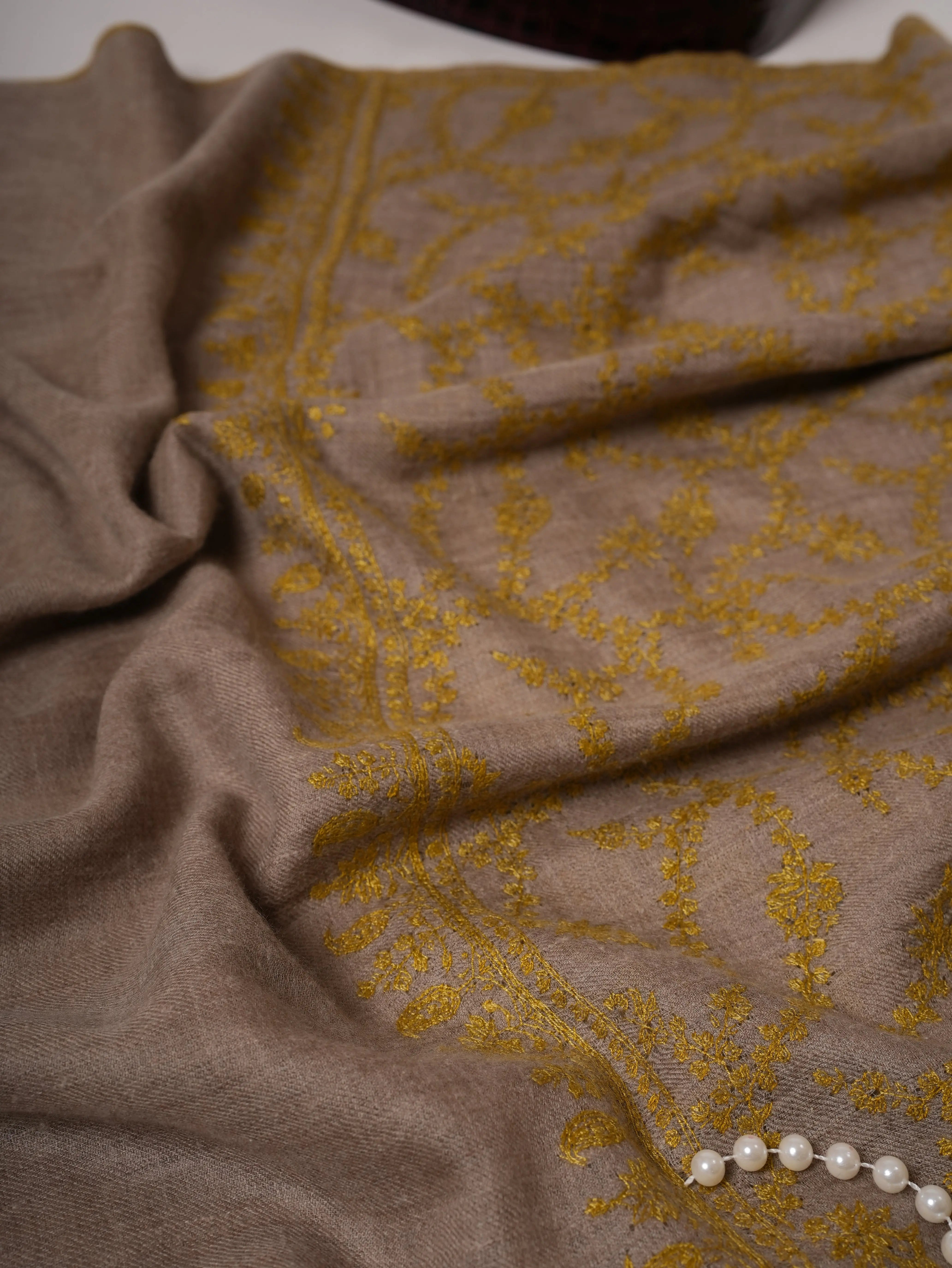 Natural Grey Cashmere Scarf with All-Over Olive Sozni Embroidery Shahkaar