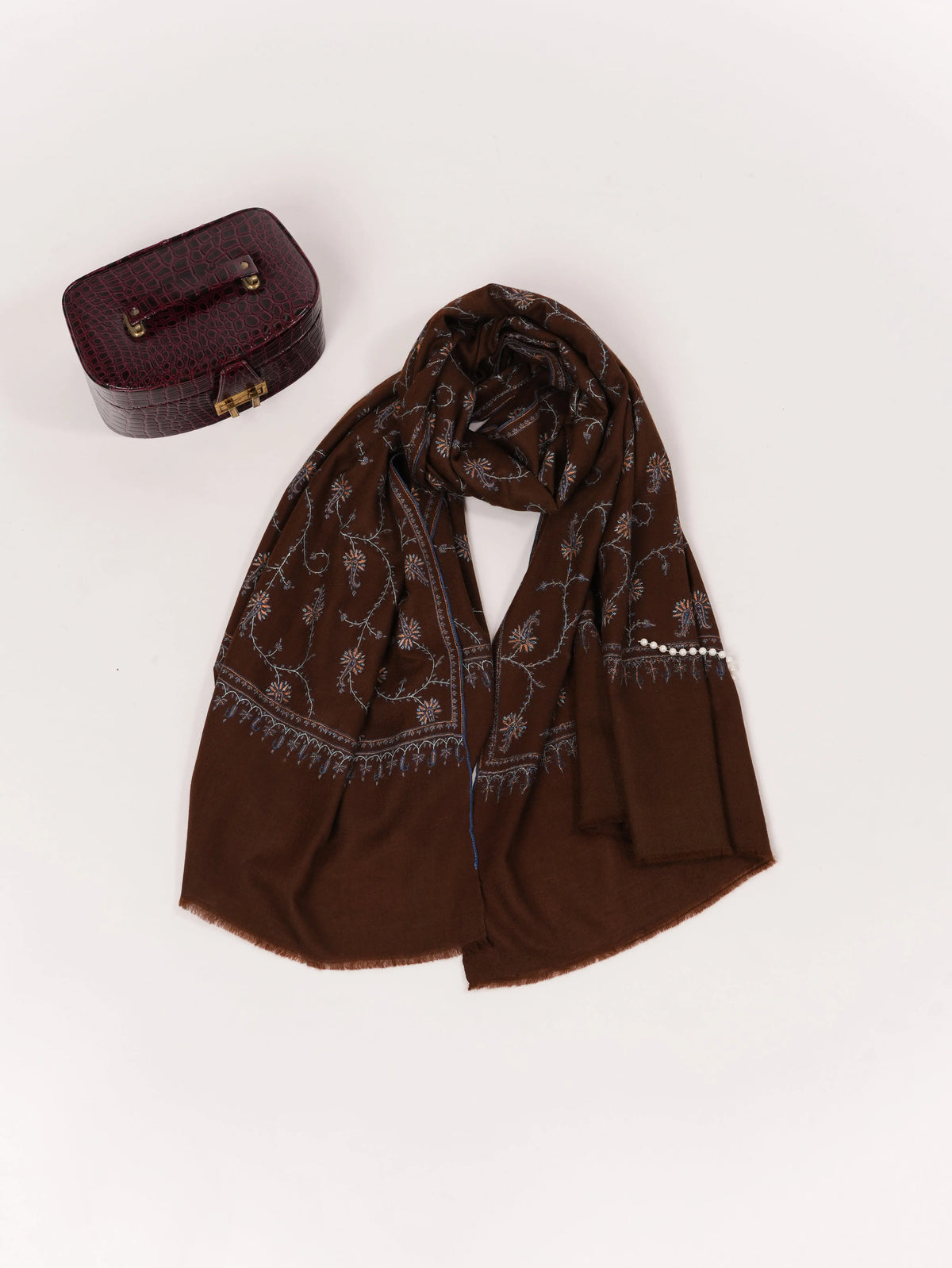 Chocolate Brown Shawl in Handwoven Soft Pashmina with Hand Sozni Jali Embroidery Shahkaar.com