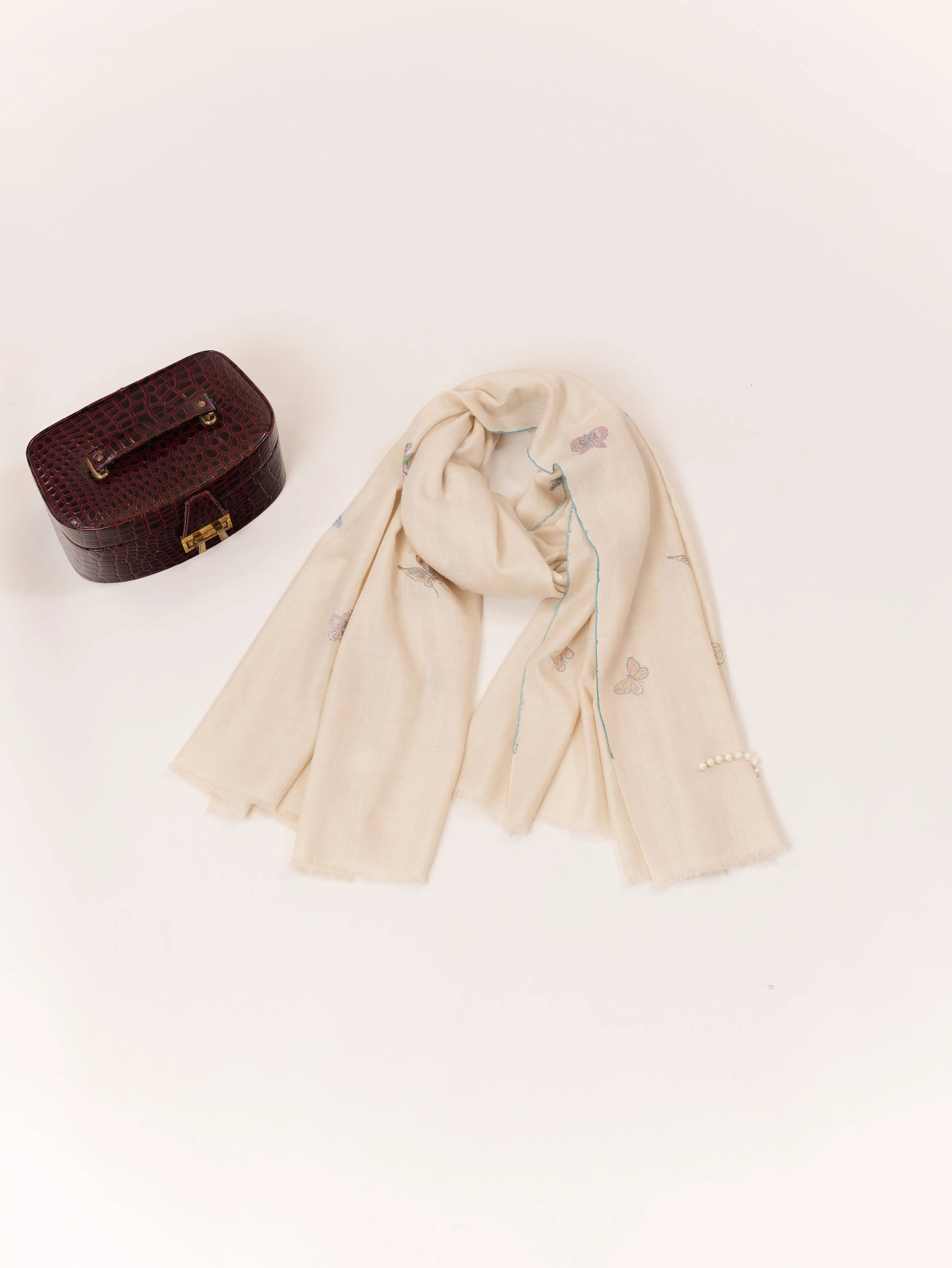 Handwoven White Kashmiri Pashmina Shawl with Hand Sozni Buteh Embroidery Shahkaar.com