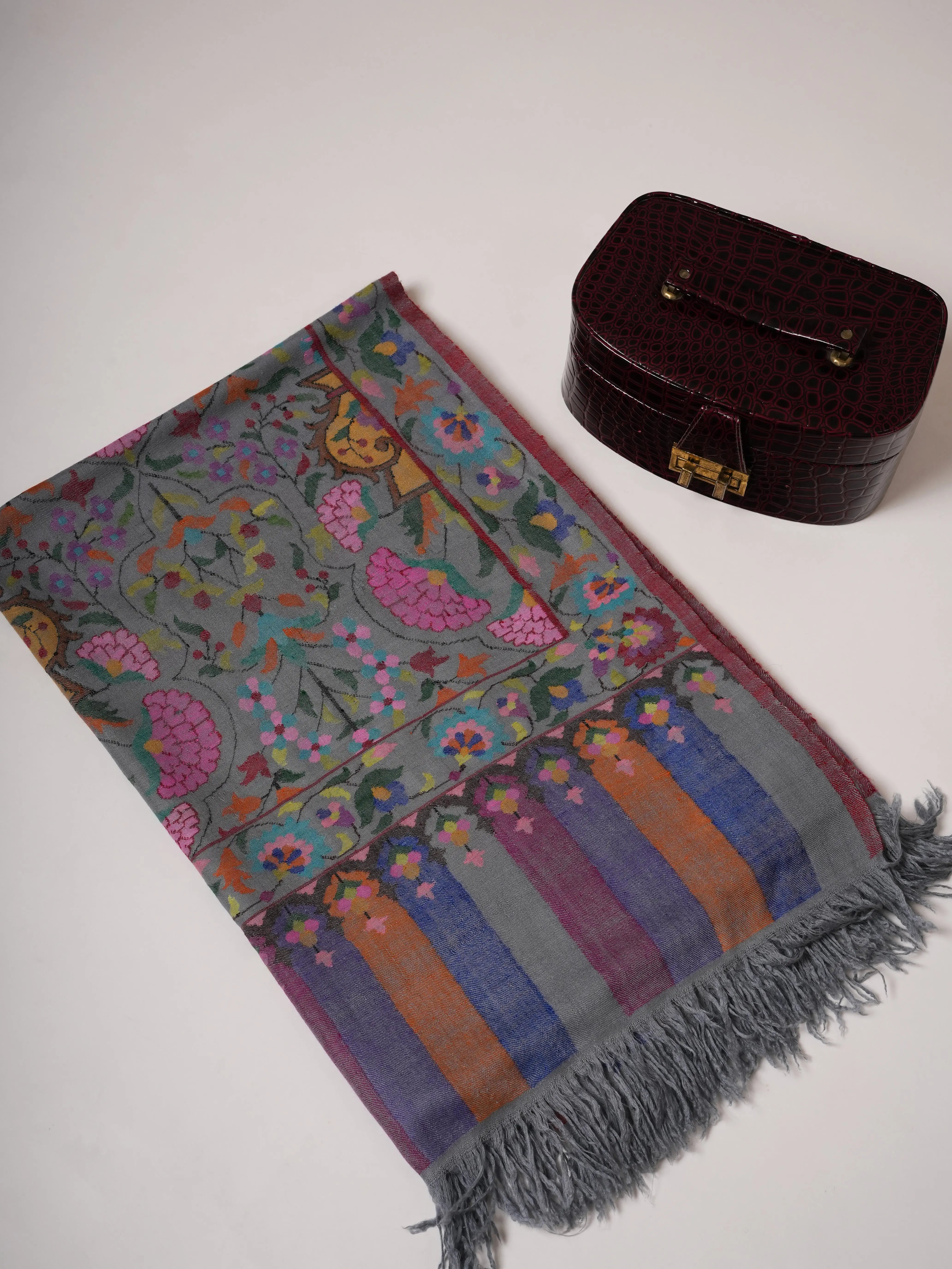 Steel Grey Handloomed Soft Kani Pashmina Shawl with Floral Motifs Shahkaar