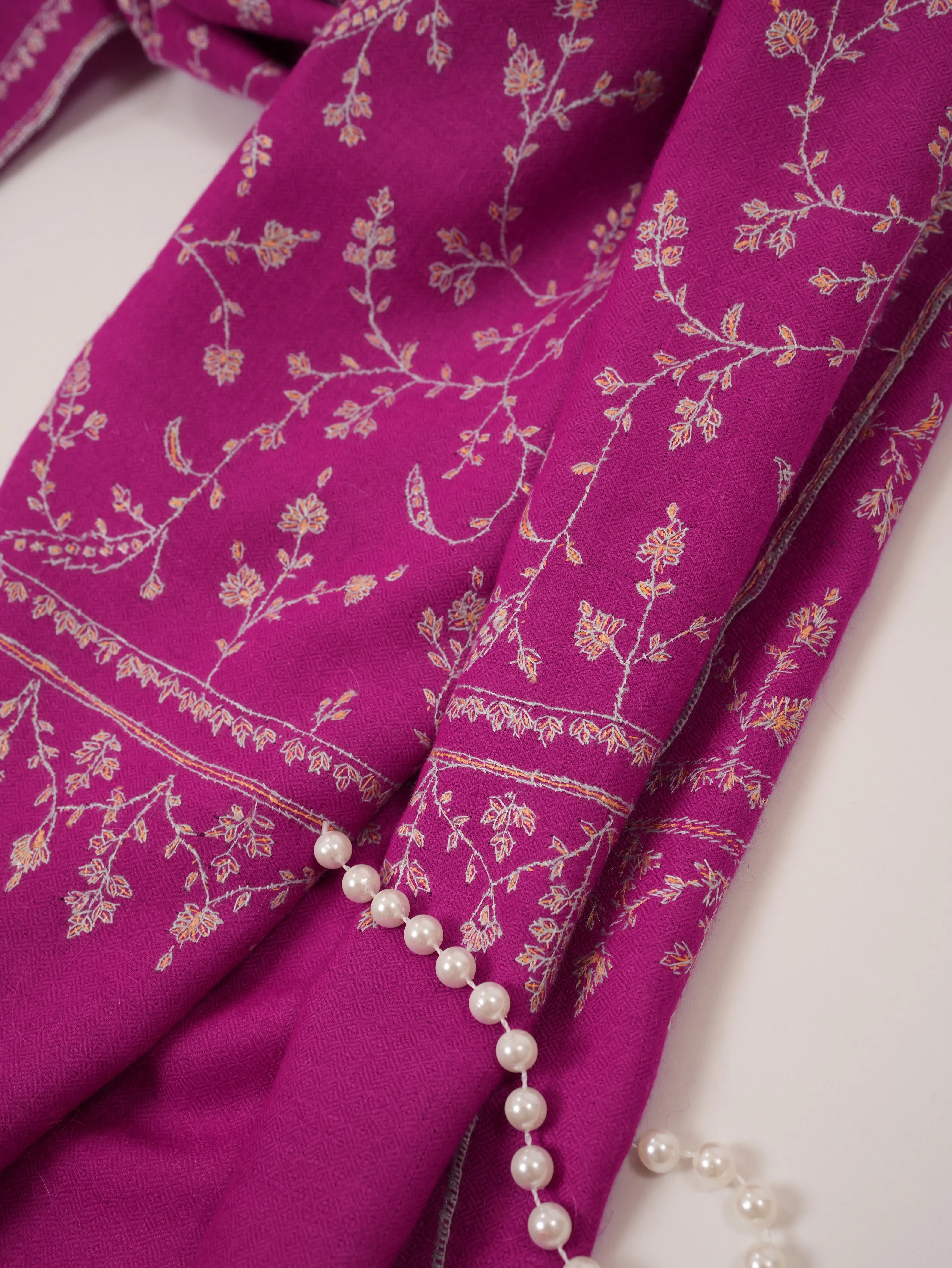 Handmade Rani Pink Cashmere Scarf with Jali Sozni Embroidery Shahkaar.com