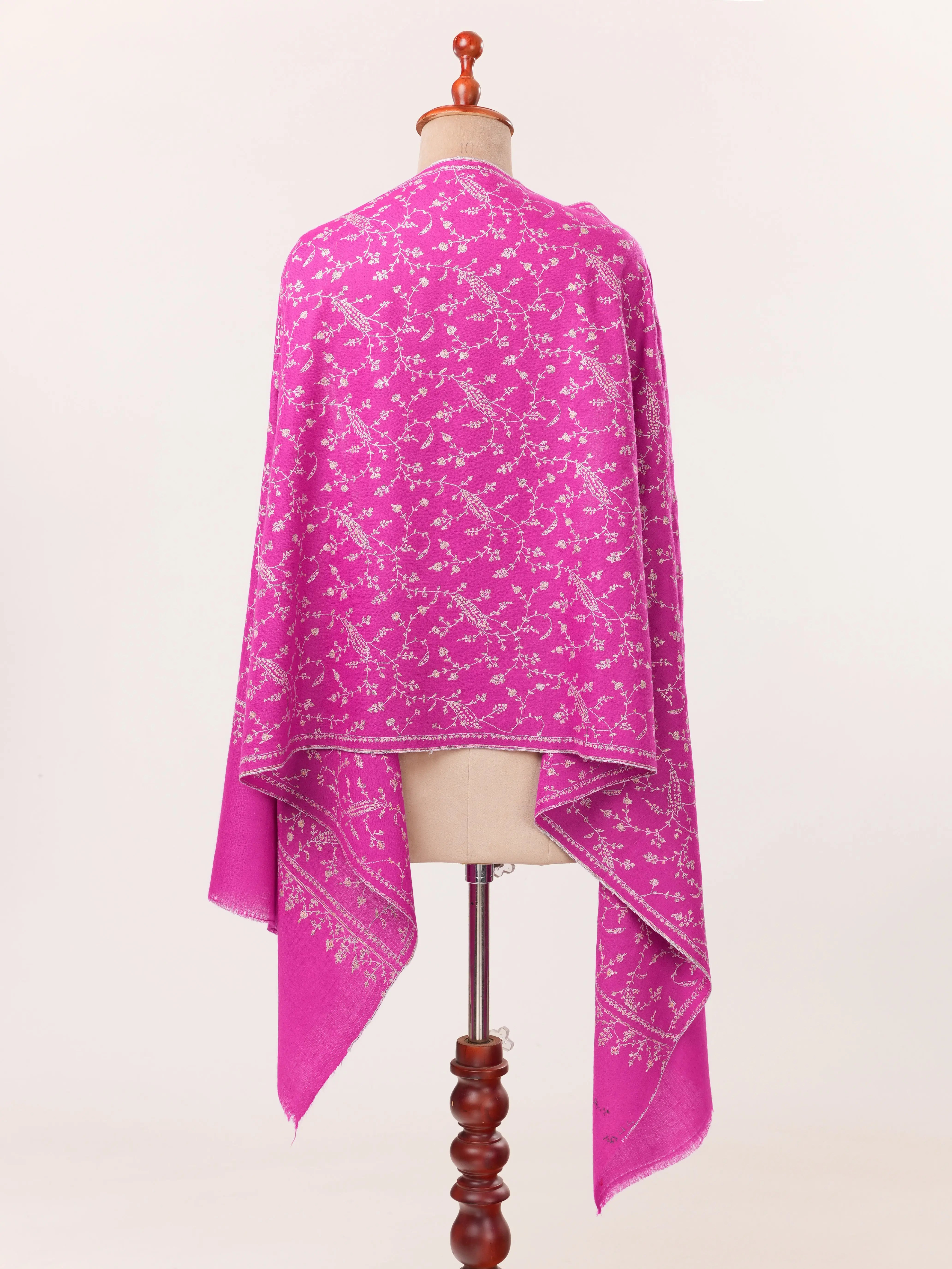 Handmade Rani Pink Cashmere Scarf with Jali Sozni Embroidery Shahkaar.com
