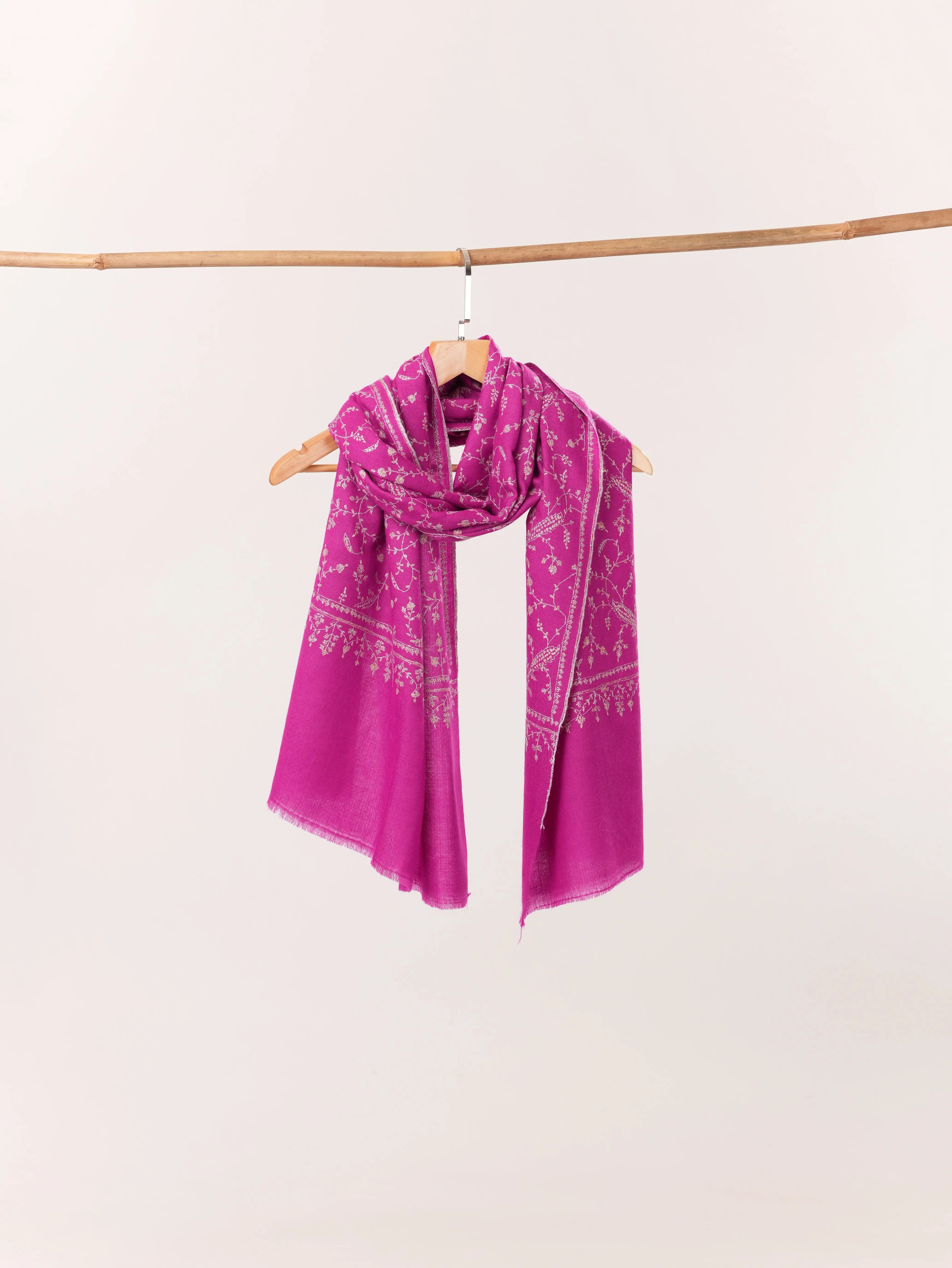 Handmade Rani Pink Cashmere Scarf with Jali Sozni Embroidery Shahkaar.com