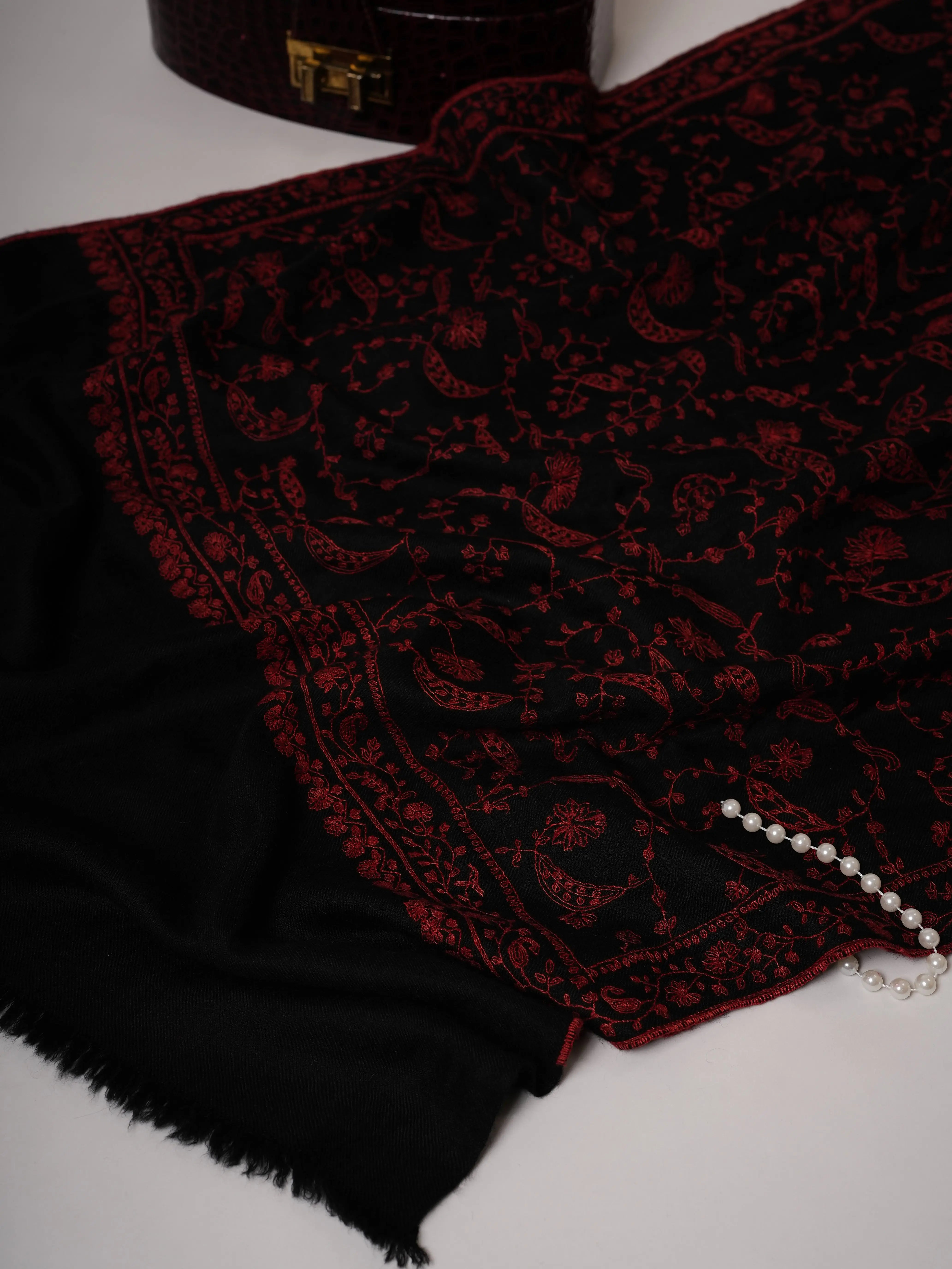 Black Baby Soft Cashmere Scarf with Red All Over Jali Embroidery Shahkaar