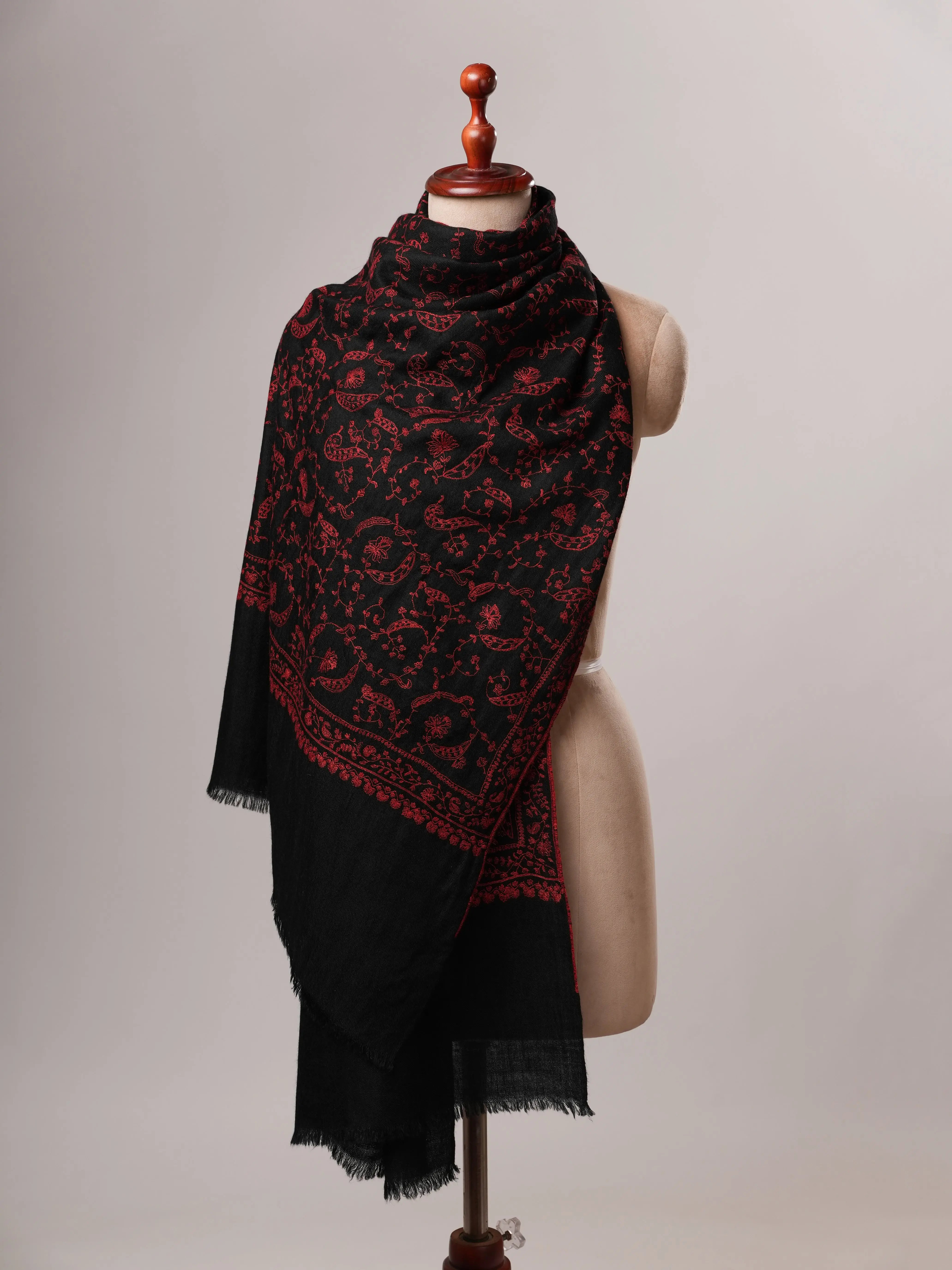 Black Baby Soft Cashmere Scarf with Red All Over Jali Embroidery Shahkaar