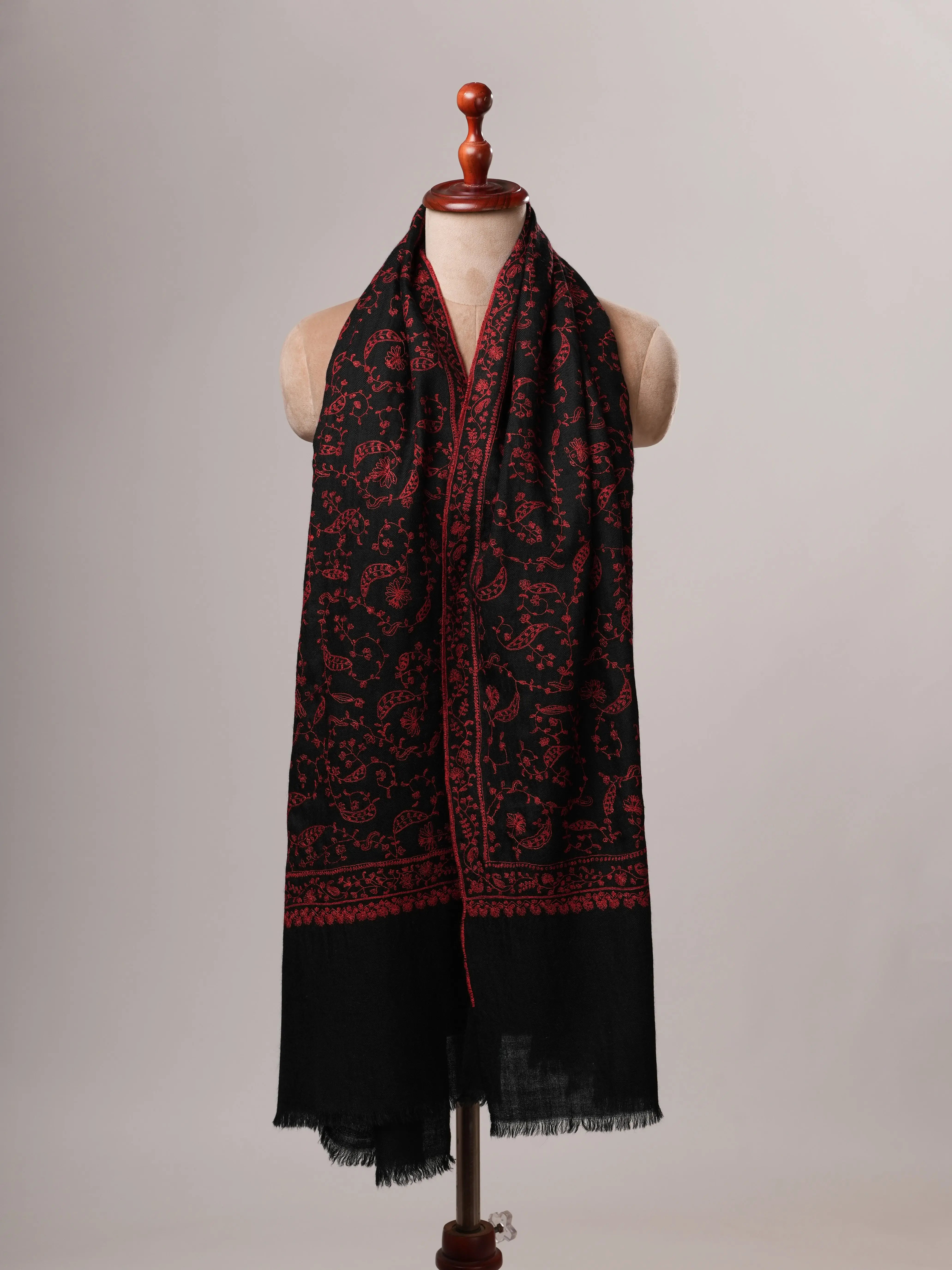 Black Baby Soft Cashmere Scarf with Red All Over Jali Embroidery Shahkaar