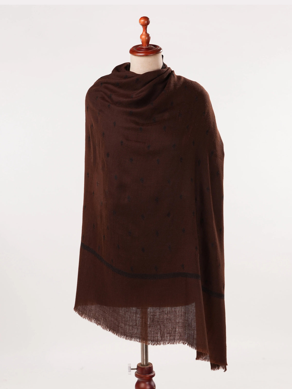 Dark Brown Pure Handwoven Pashmina Shawl with Black Buteh Embroidery