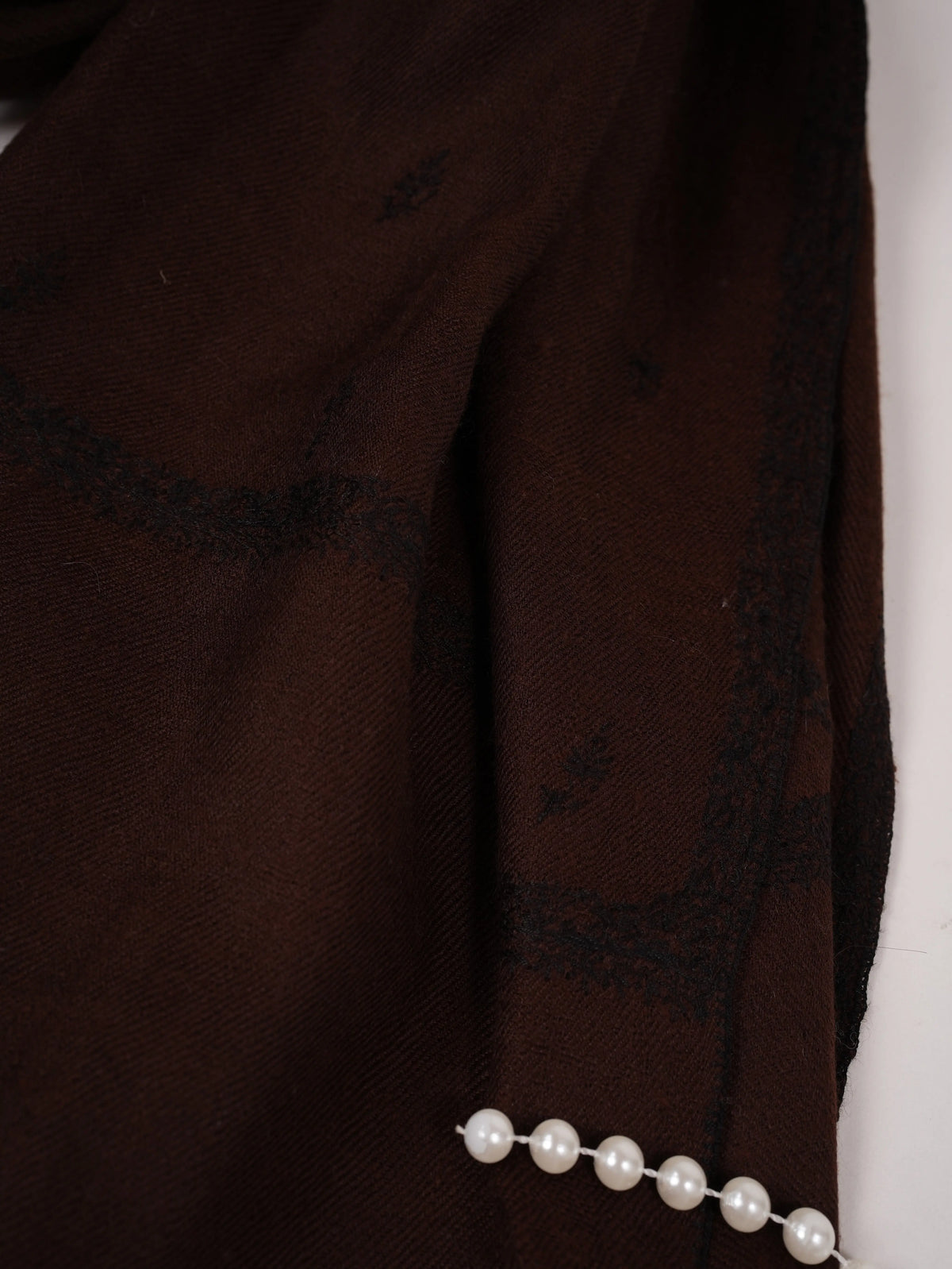 Dark Brown Pure Handwoven Pashmina Shawl with Black Buteh Embroidery