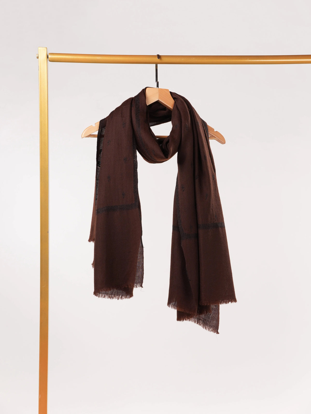 Dark Brown Pure Handwoven Pashmina Shawl with Black Buteh Embroidery