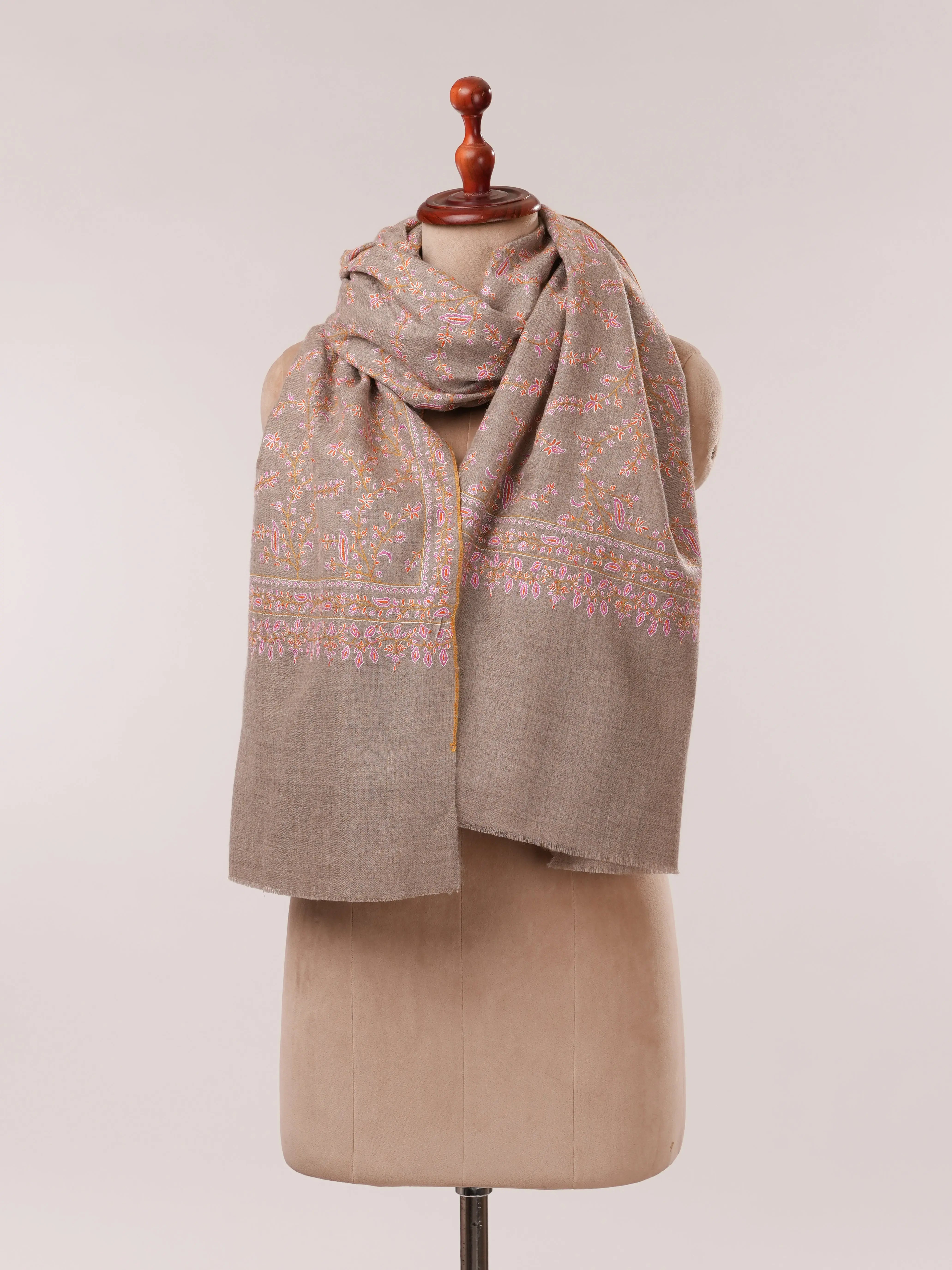 Natural Grey Jali Hand Embroidered Pashmina Shawl Shahkaar.com