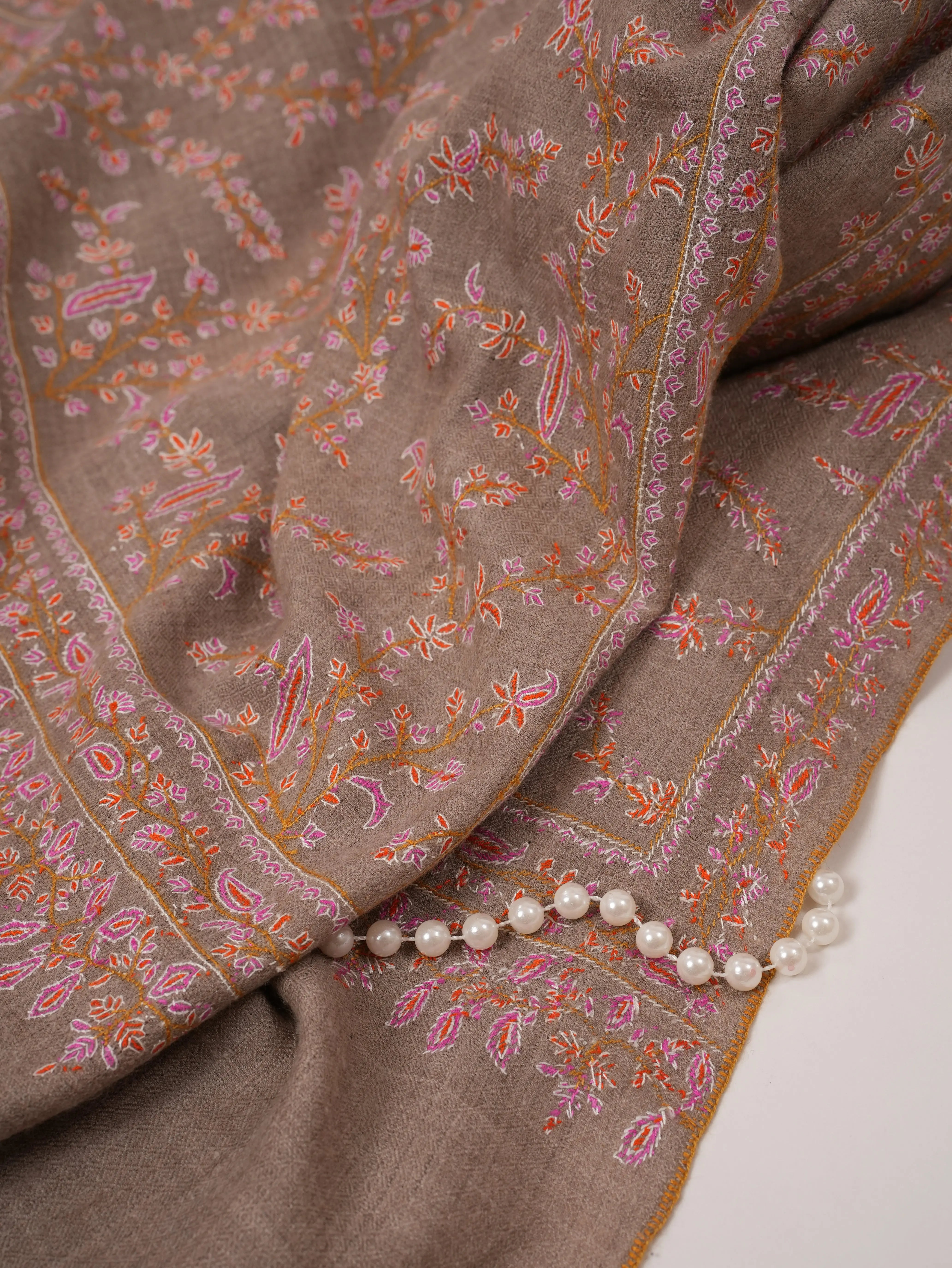 Natural Grey Jali Hand Embroidered Pashmina Shawl Shahkaar.com