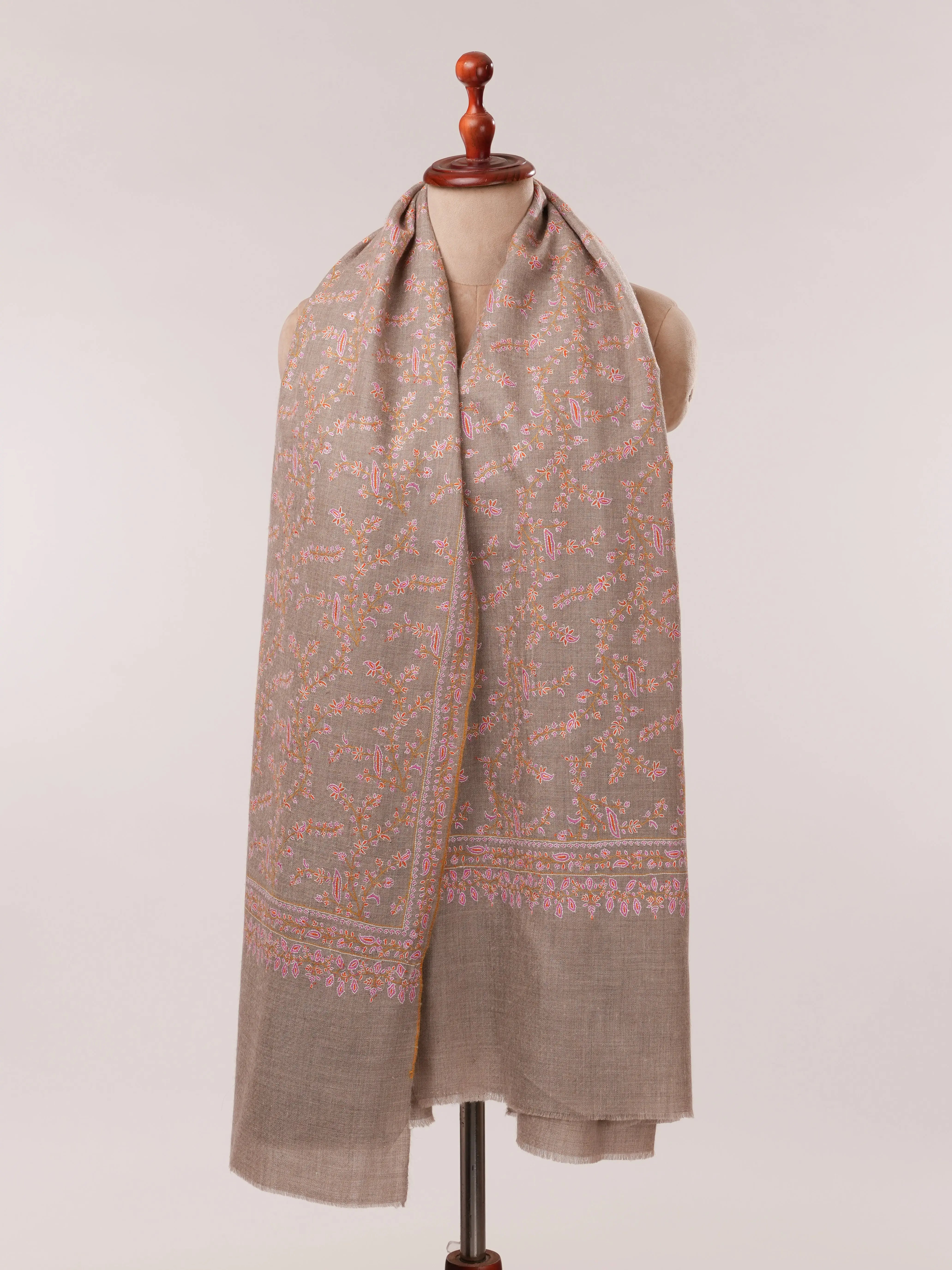 Natural Grey Jali Hand Embroidered Pashmina Shawl Shahkaar.com