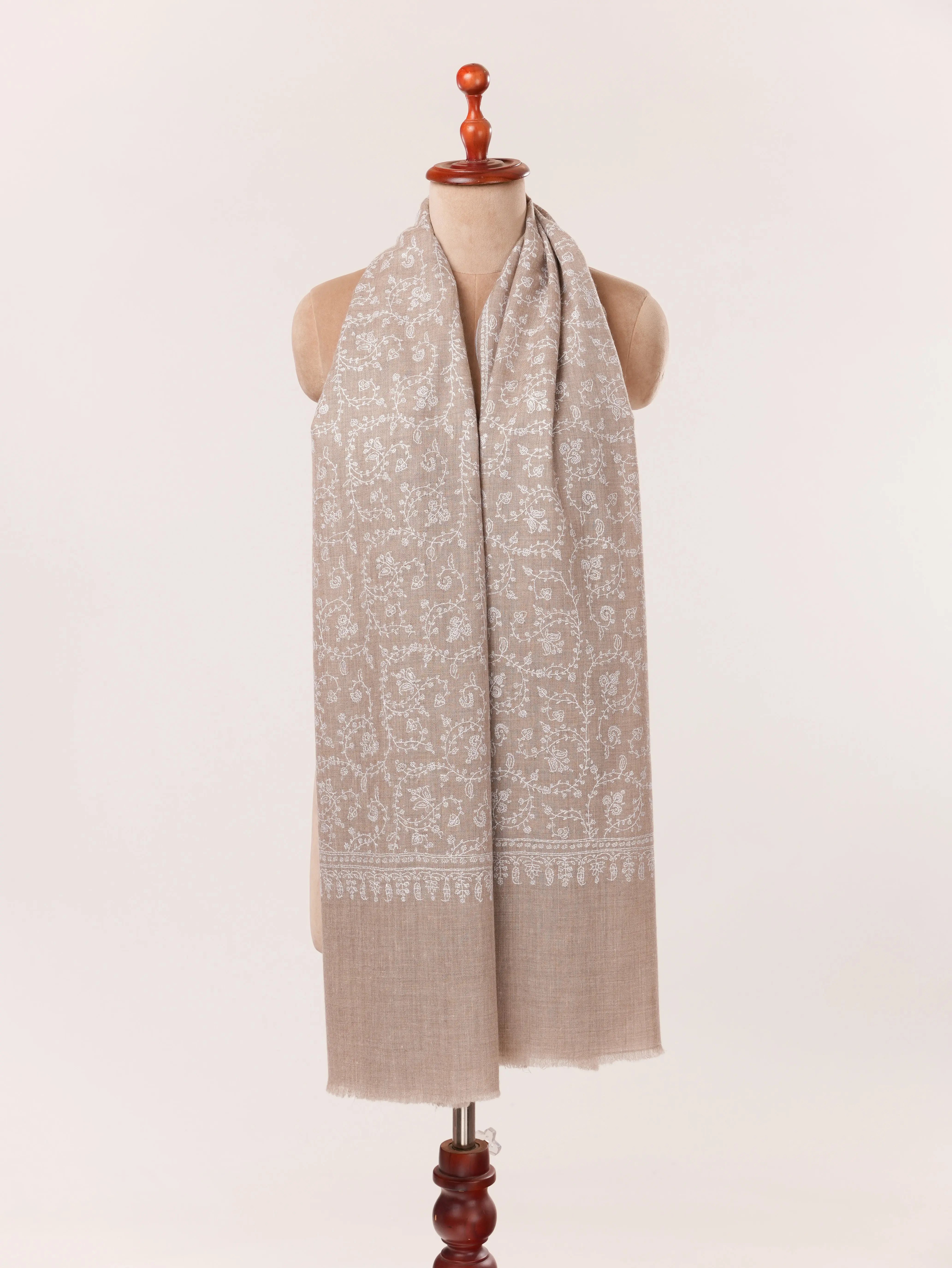 Kashmiri Natural Taupe Handwoven Shawl with Hand White Sozni hand Work in Jali Shahkaar.com