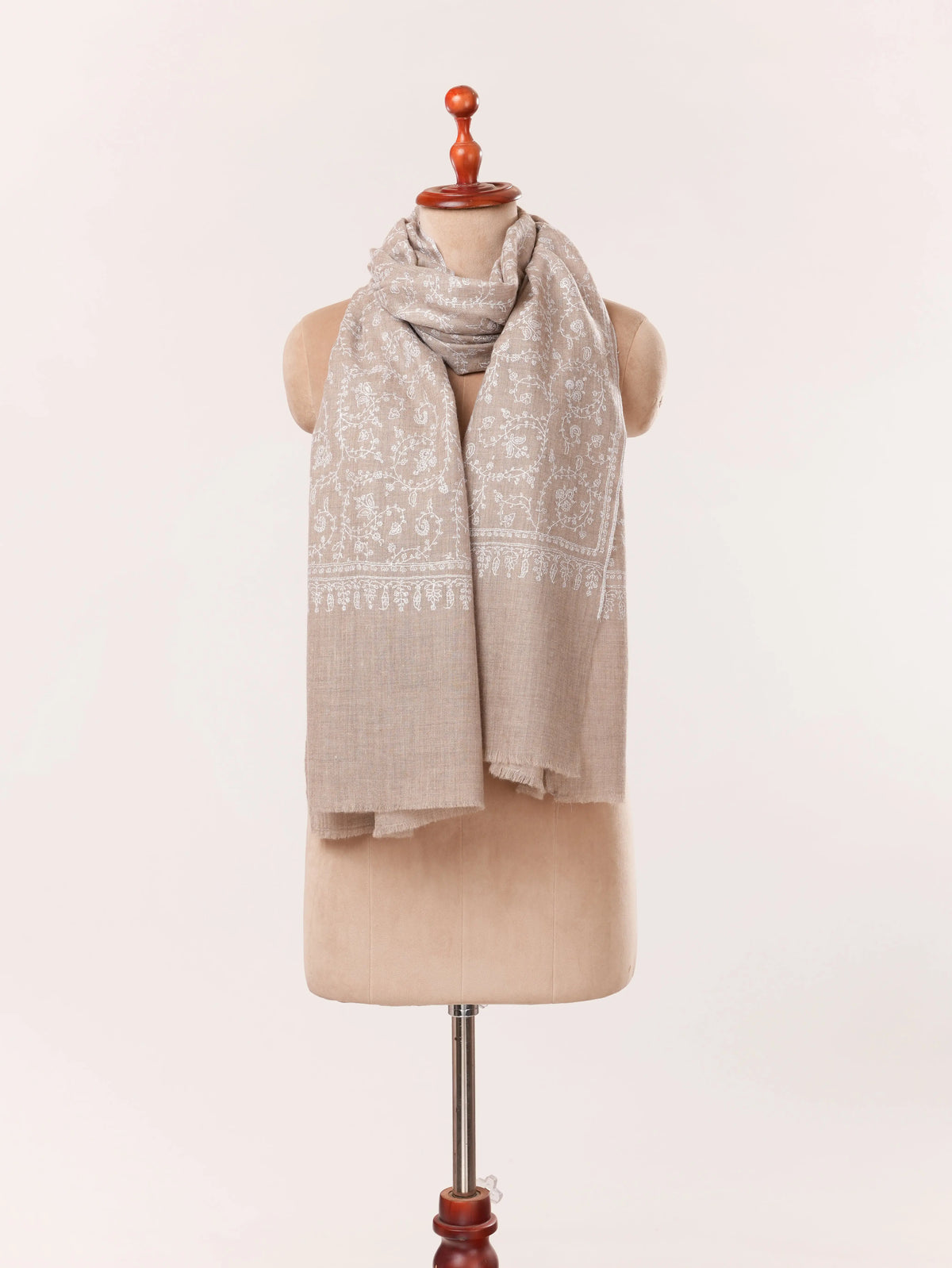 Kashmiri Natural Taupe Handwoven Shawl with Hand White Sozni hand Work in Jali Shahkaar.com