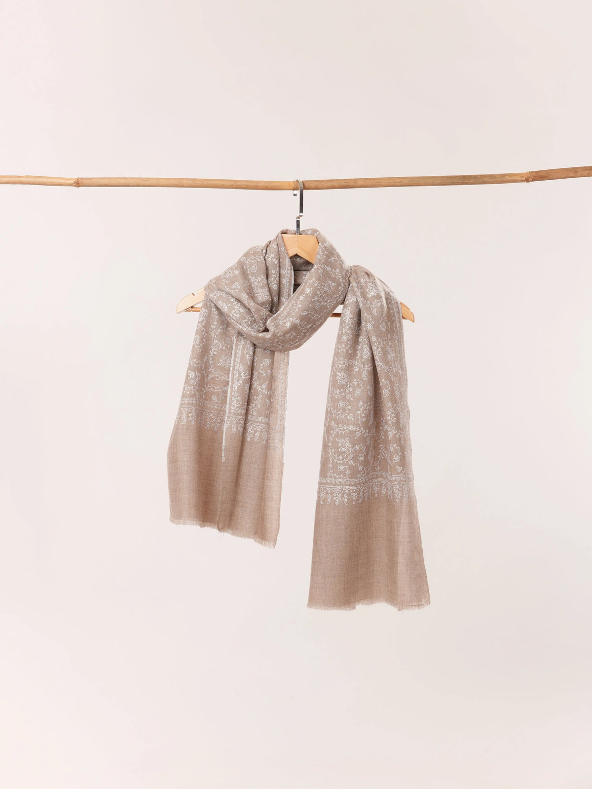 Kashmiri Natural Taupe Handwoven Shawl with Hand White Sozni hand Work in Jali Shahkaar.com