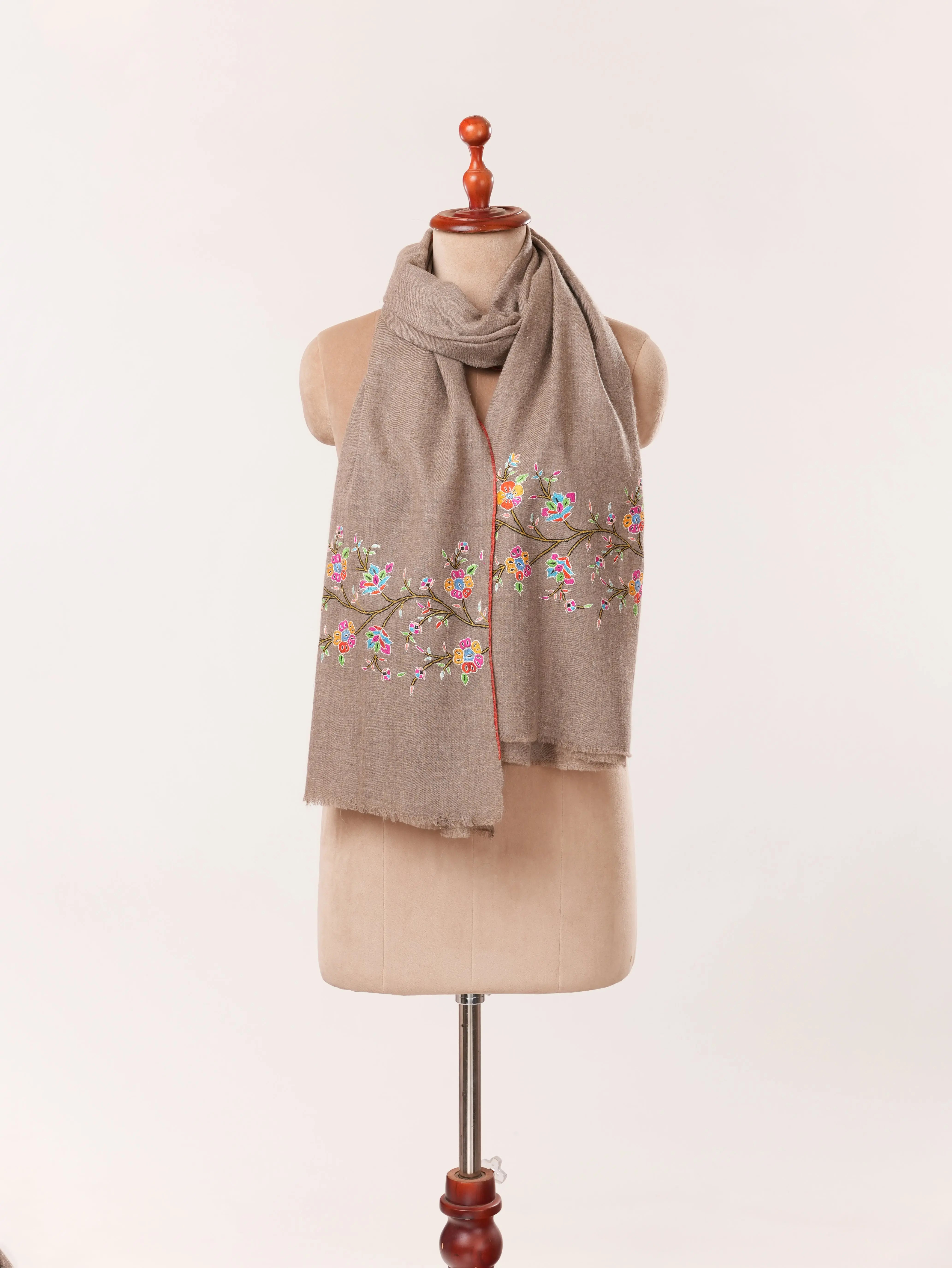 Floral Palldar Natural Dark Taupe Handwoven Cashmere Scarf with Sozni Embroidery Shahkaar.com