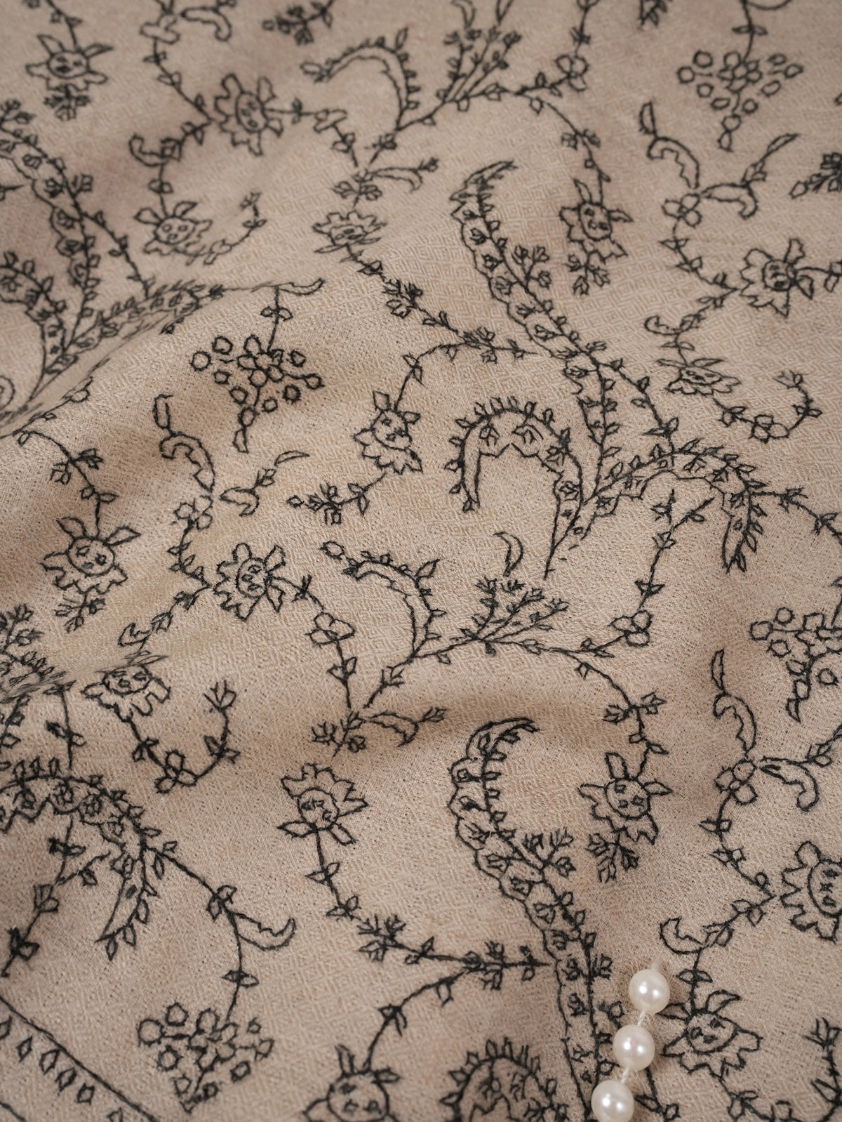 Natural Taupe Oversized Handwoven Pure Pashmina Shawl with Jali Embroidery