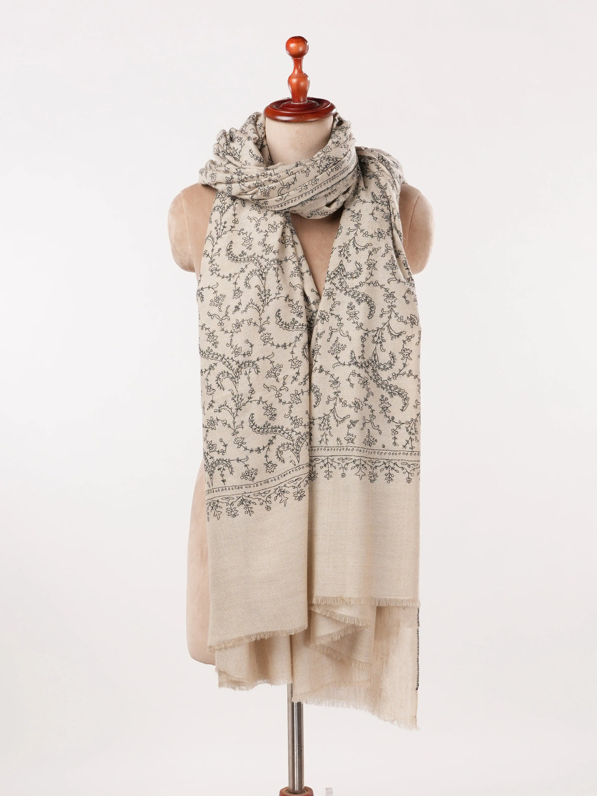 Natural Taupe Oversized Handwoven Pure Pashmina Shawl with Jali Embroidery