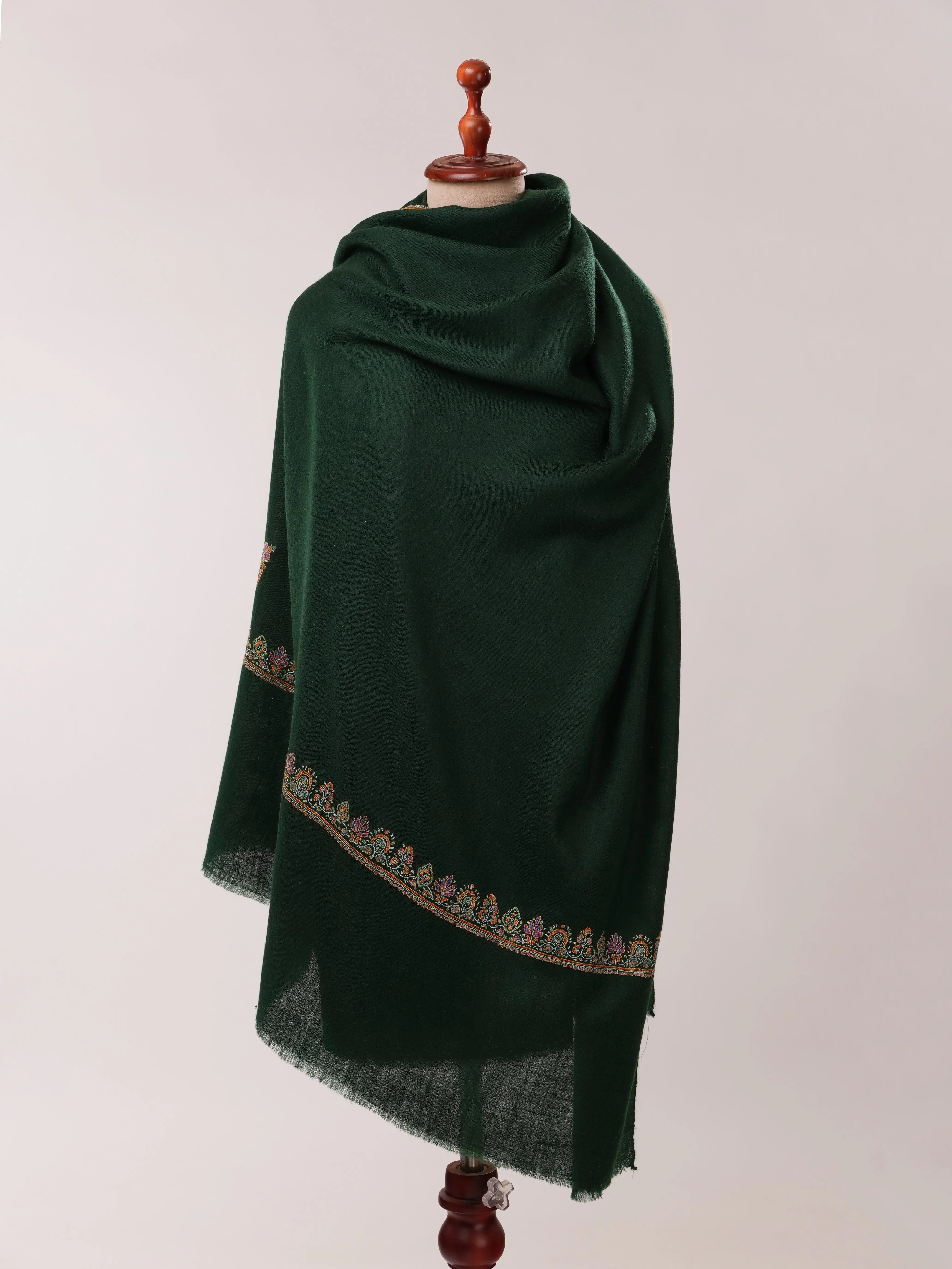 Bottle Green Handwoven Pashmina Shawl with Hashia Hand Embroidery Shahkaar.com