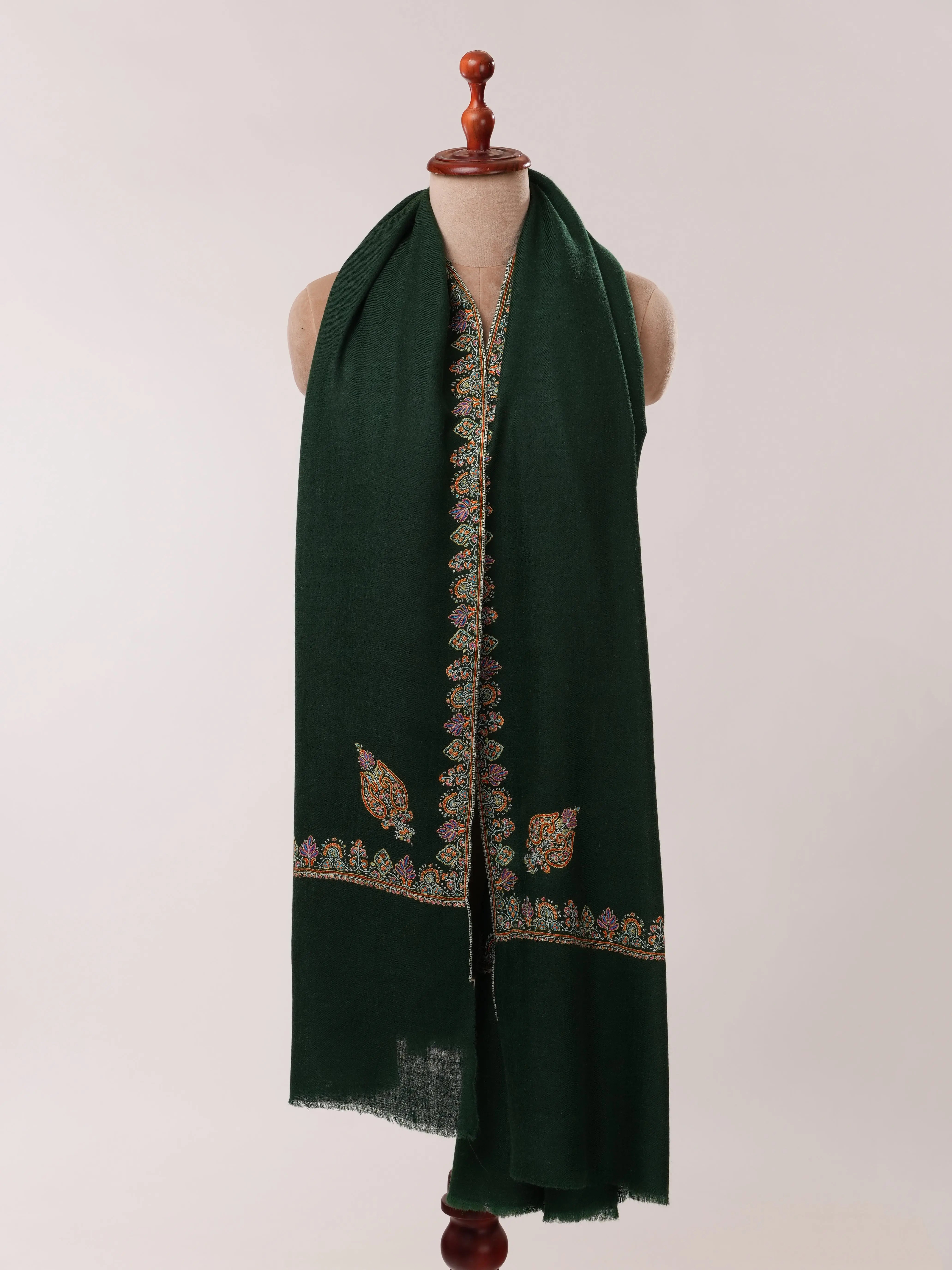 Bottle Green Handwoven Pashmina Shawl with Hashia Hand Embroidery Shahkaar.com