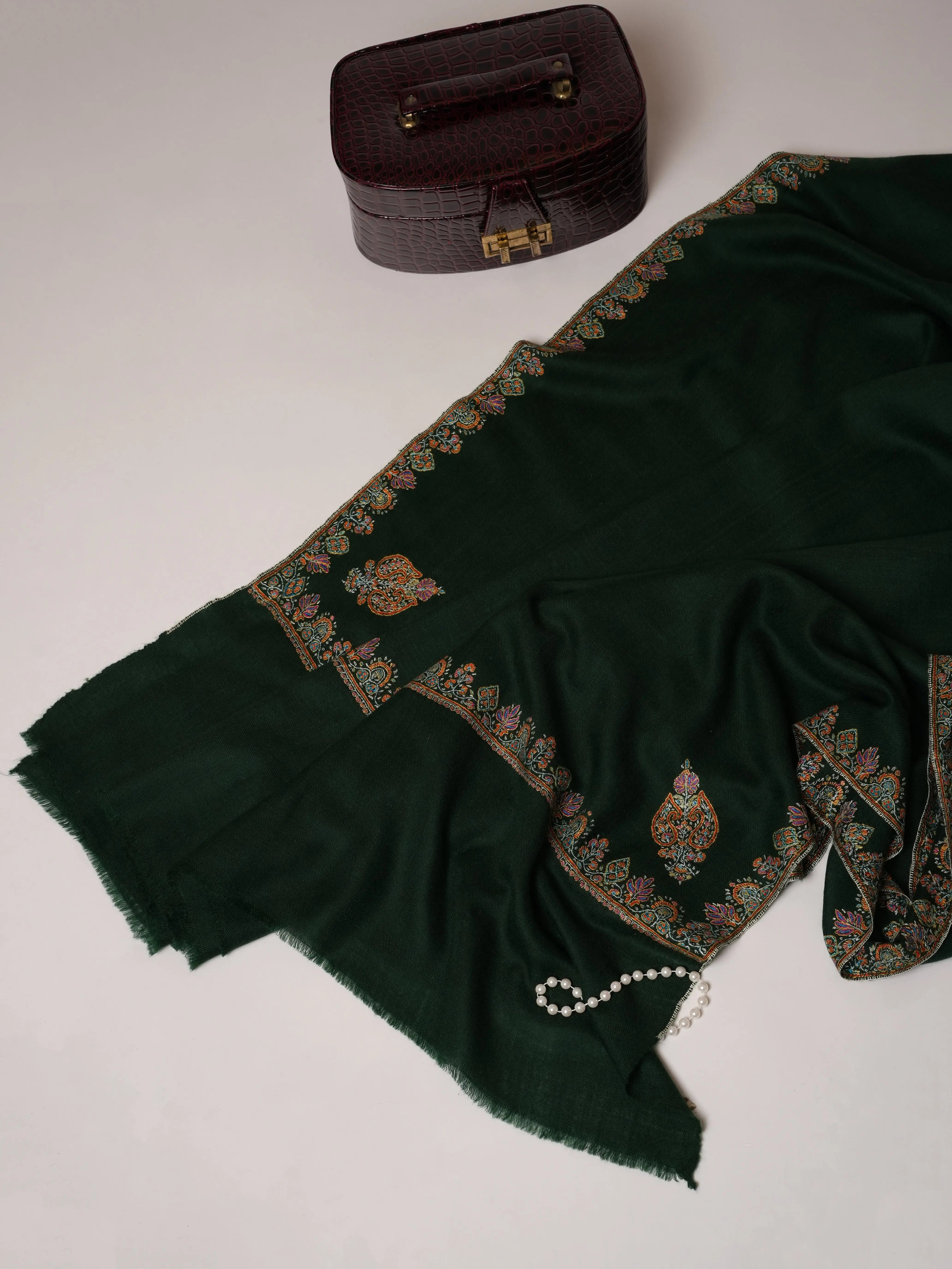 Bottle Green Handwoven Pashmina Shawl with Hashia Hand Embroidery Shahkaar.com