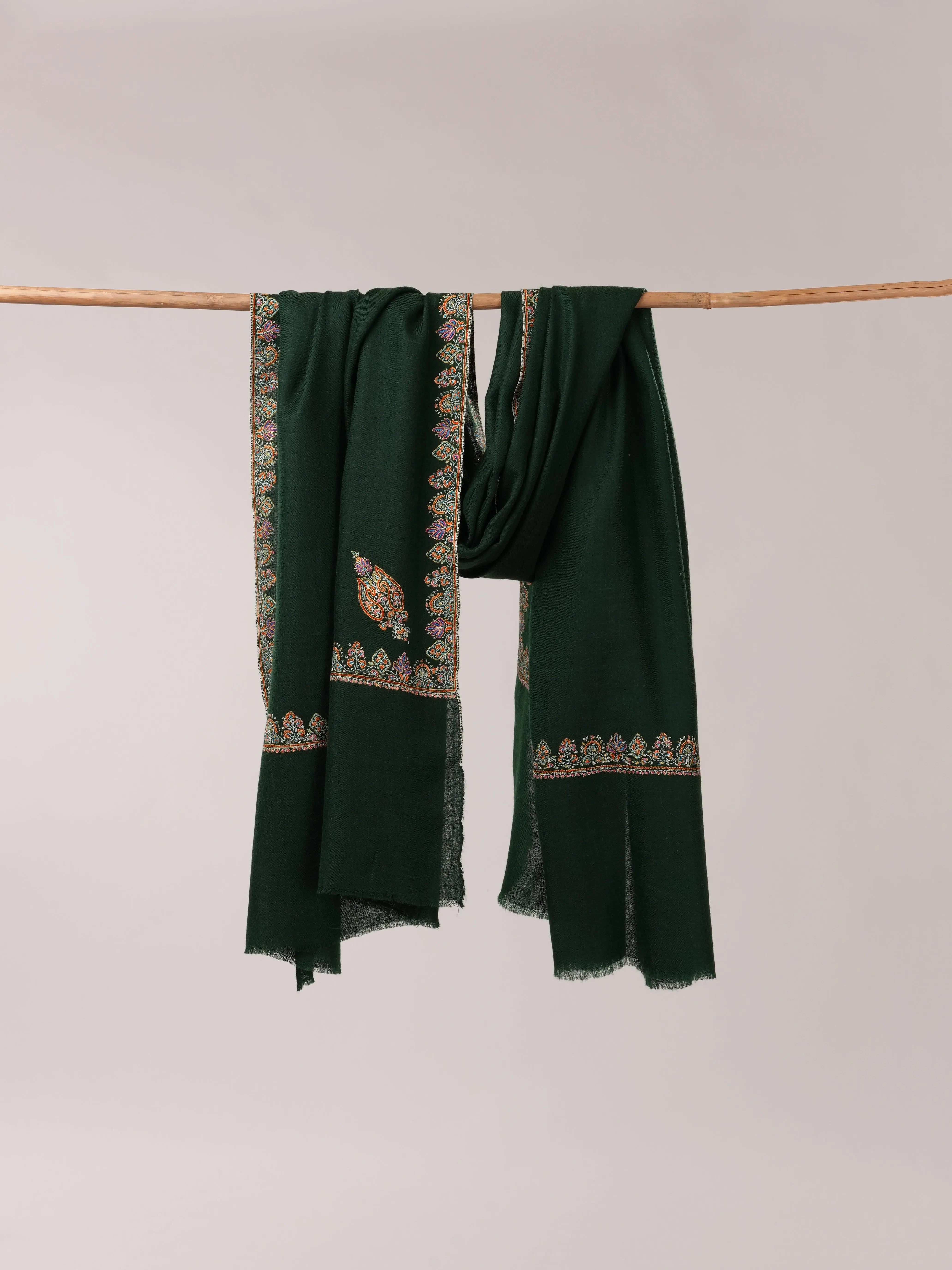 Bottle Green Handwoven Pashmina Shawl with Hashia Hand Embroidery Shahkaar.com