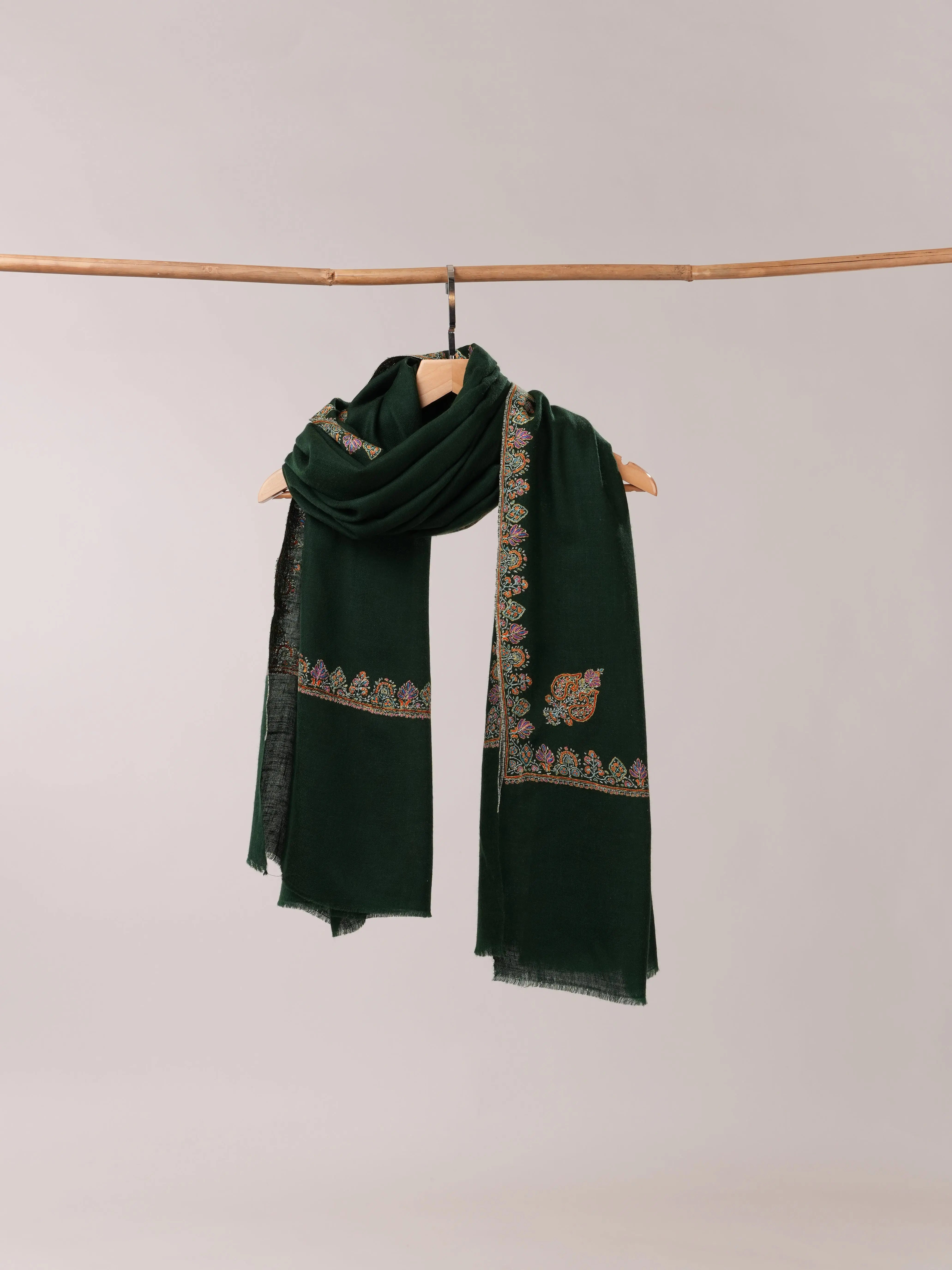 Bottle Green Handwoven Pashmina Shawl with Hashia Hand Embroidery Shahkaar.com