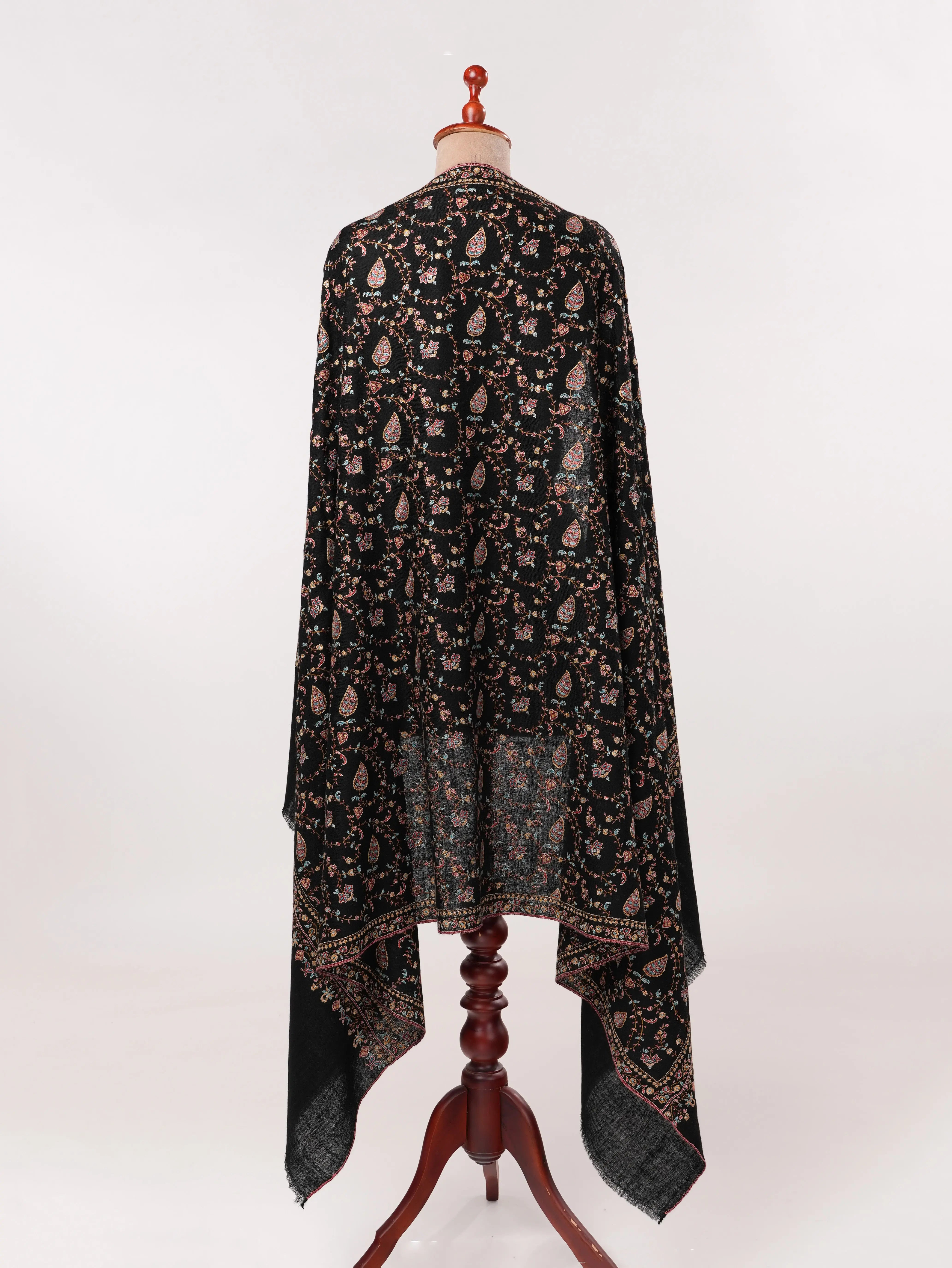 Kashmiri Handwoven Black Pashmina Shawl with Jali Hand Sozni Embroidery Shahkaar.com