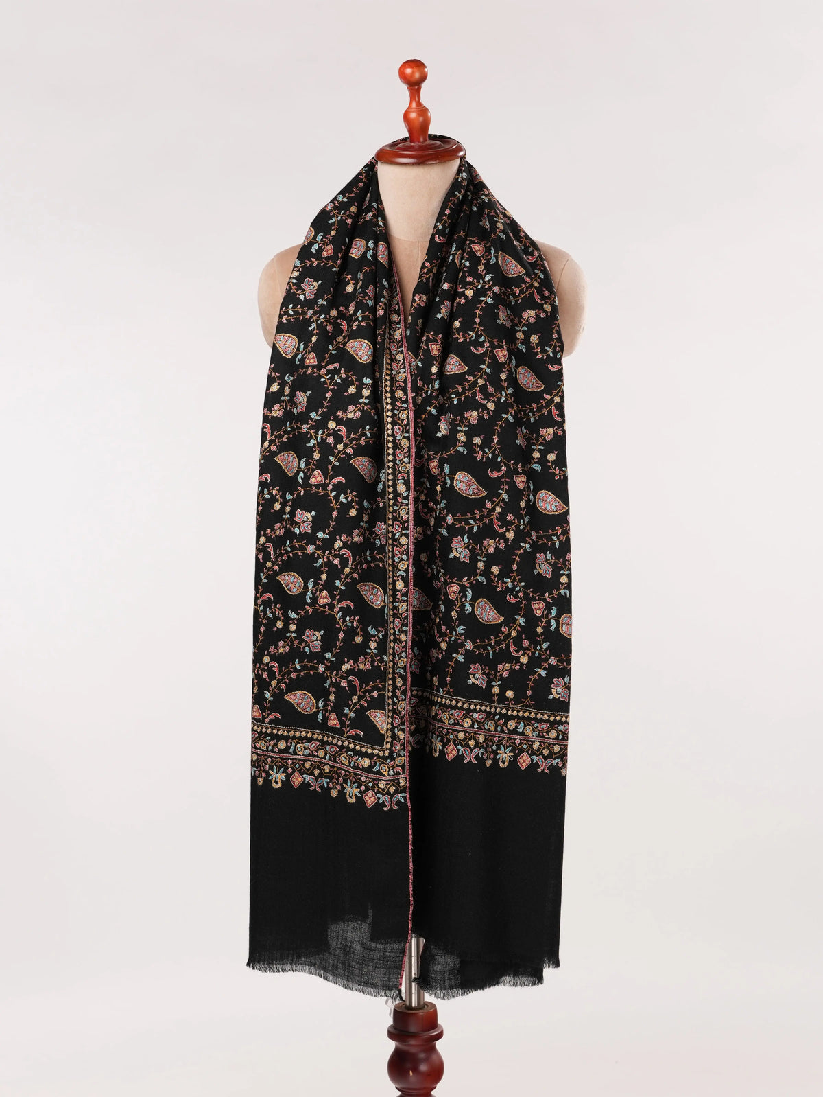 Kashmiri Handwoven Black Pashmina Shawl with Jali Hand Sozni Embroidery Shahkaar.com