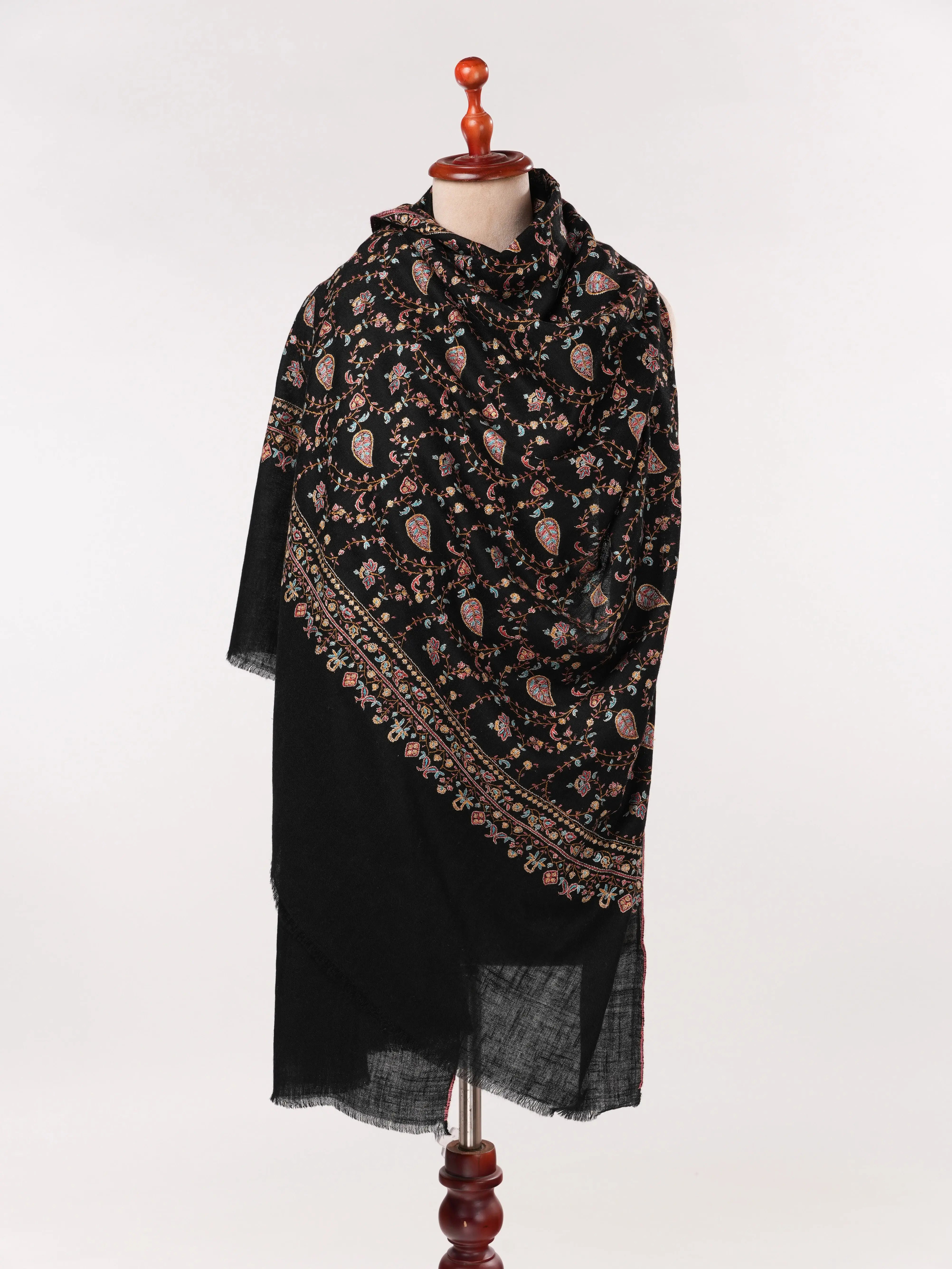 Kashmiri Handwoven Black Pashmina Shawl with Jali Hand Sozni Embroidery Shahkaar.com