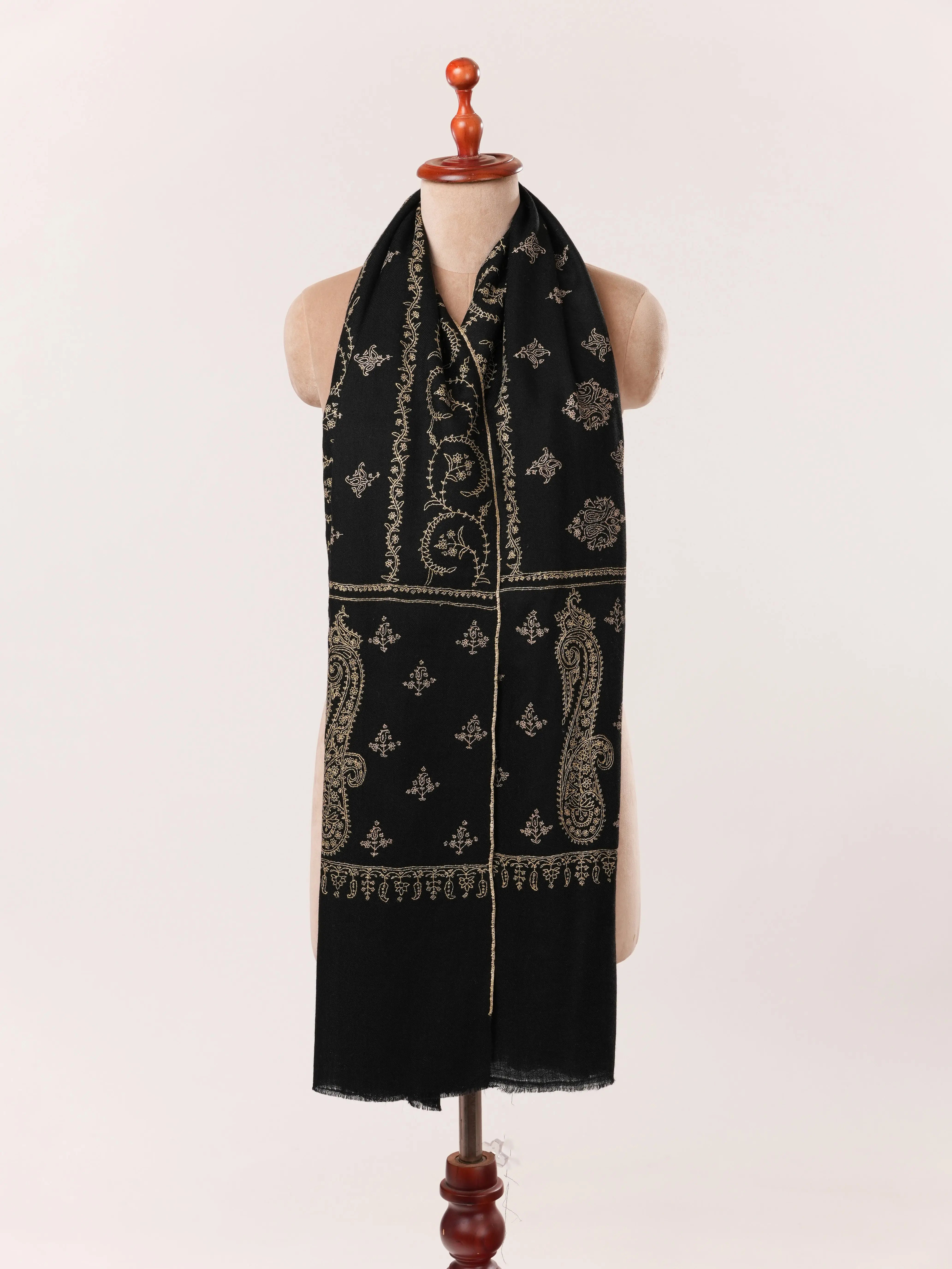 Handwoven Black Cashmere Scarf with Jali Sozni from Kashmir Shahkaar.com