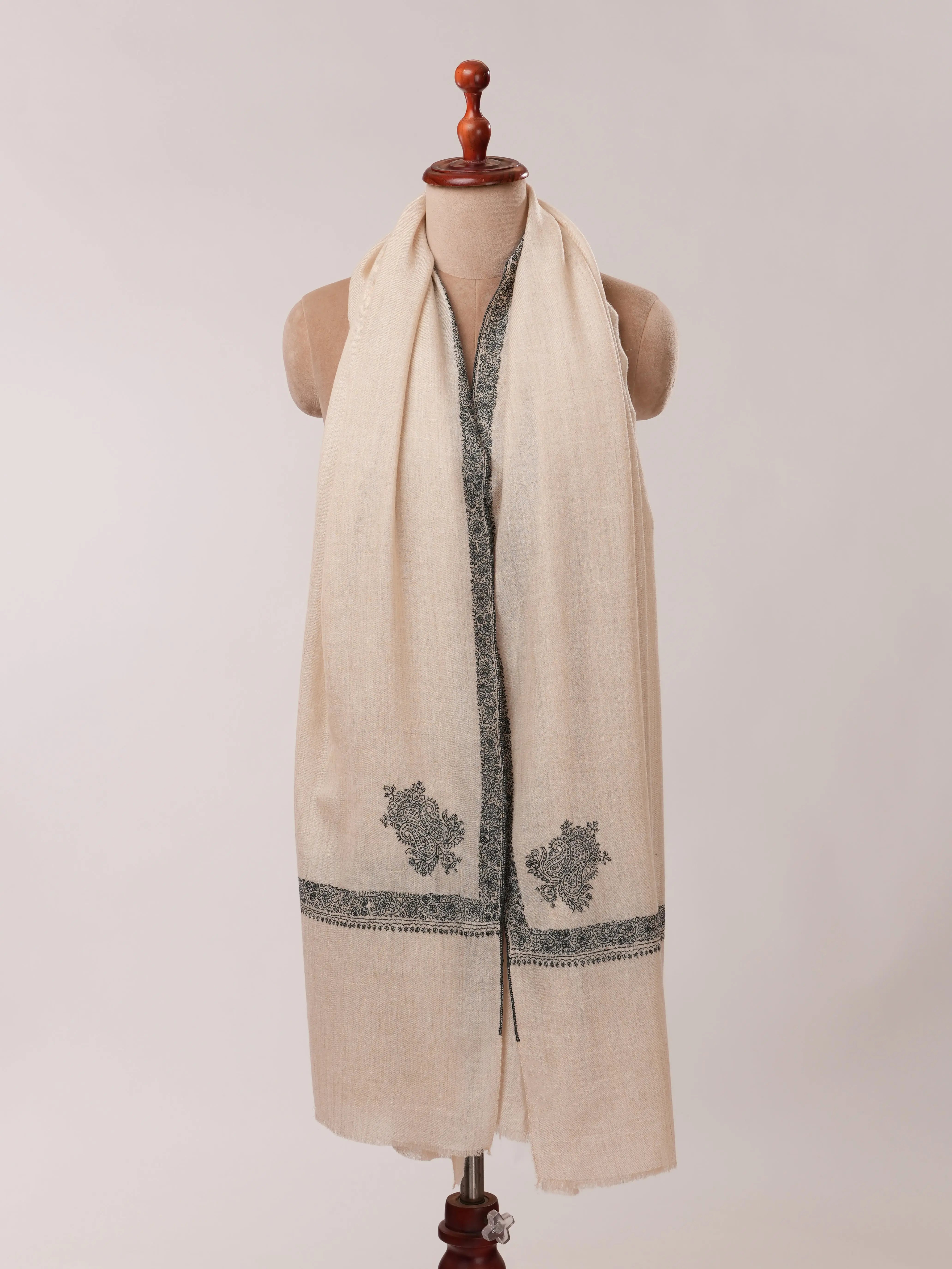 Off White Pashmina Shawl with Black Hashia Hand Embroidery Shahkaar.com
