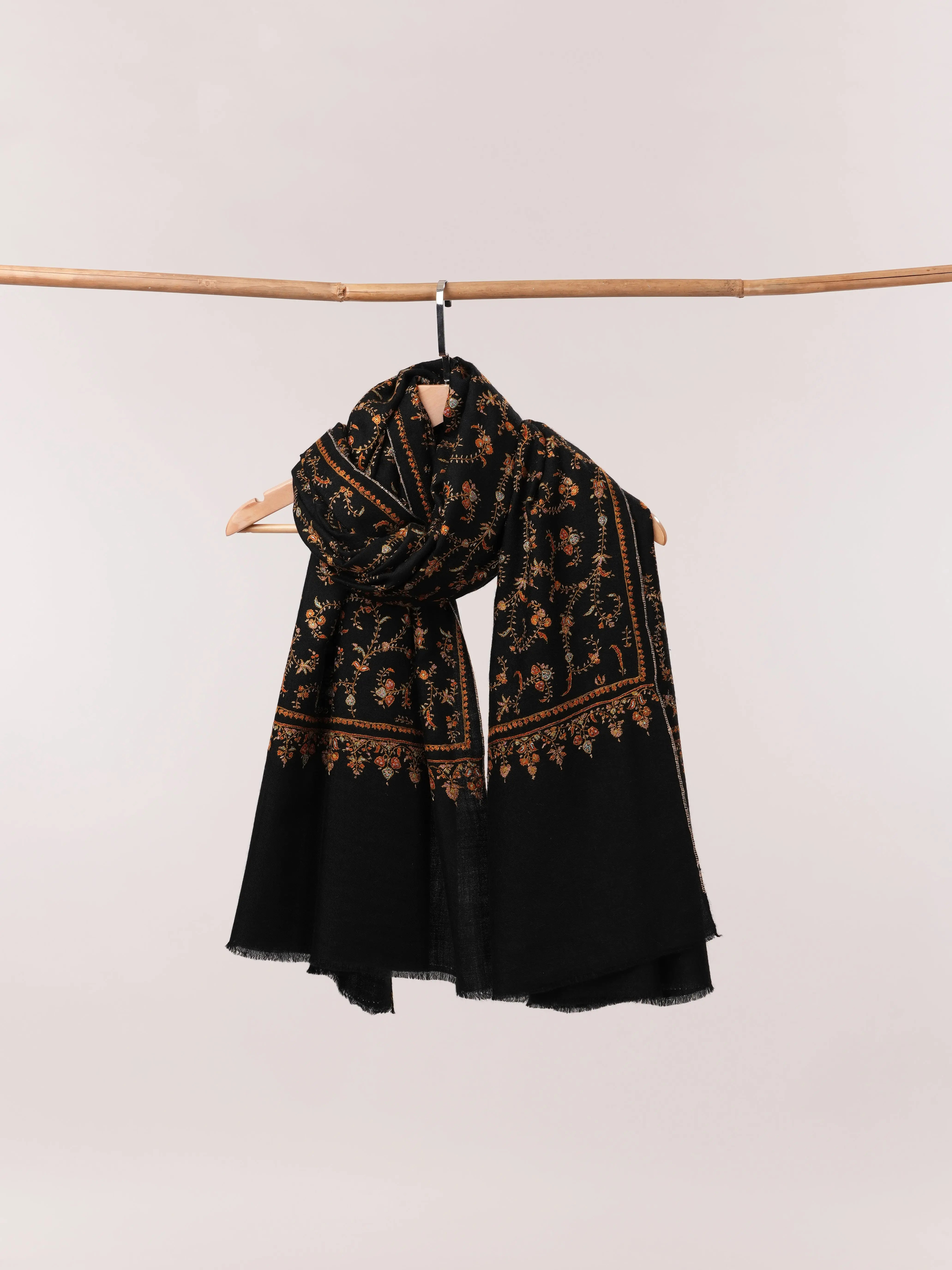 Black Handwoven Pashmina Shawl with Hand Embroidery Shahkaar.com