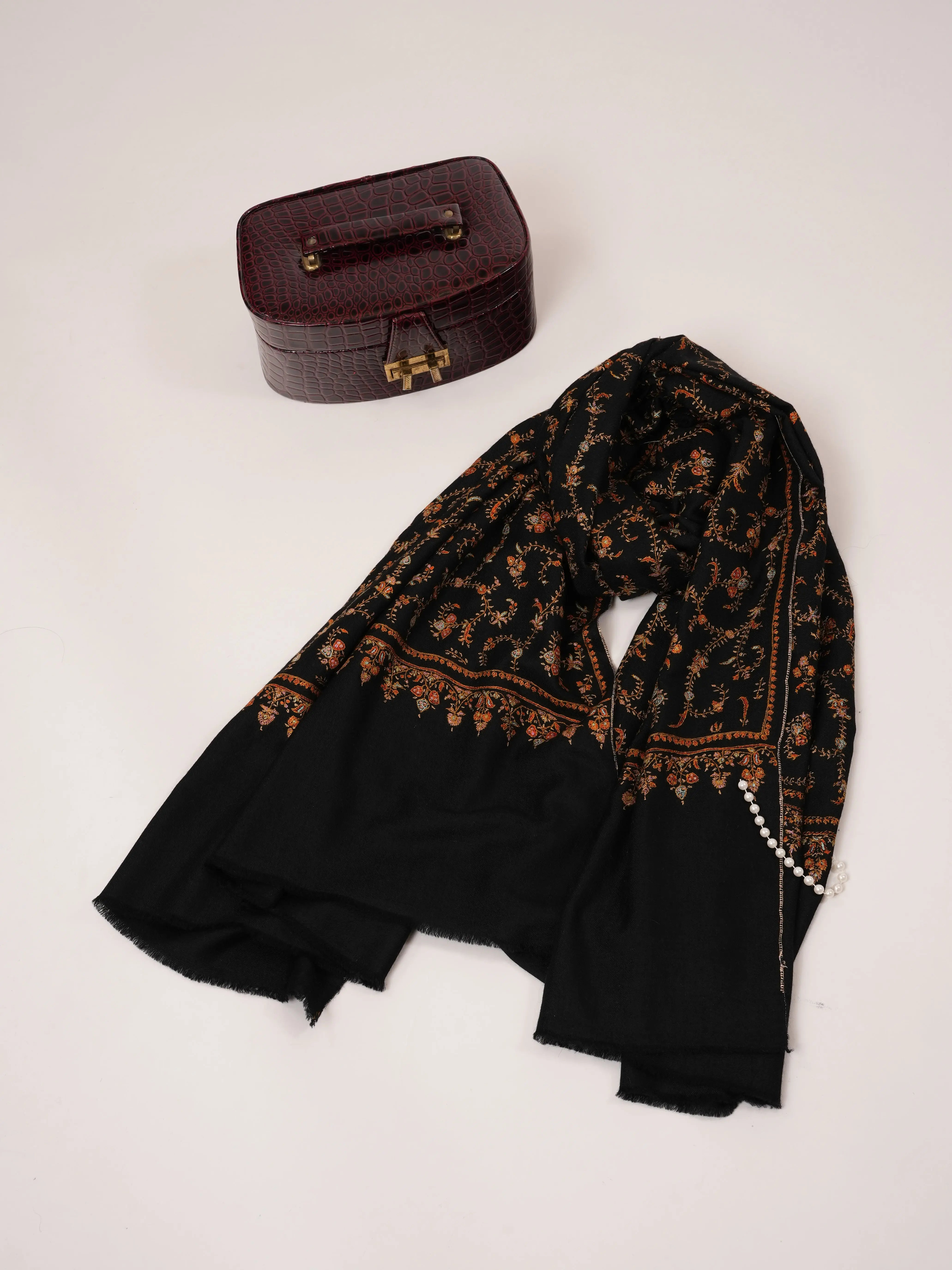 Black Handwoven Pashmina Shawl with Hand Embroidery Shahkaar.com